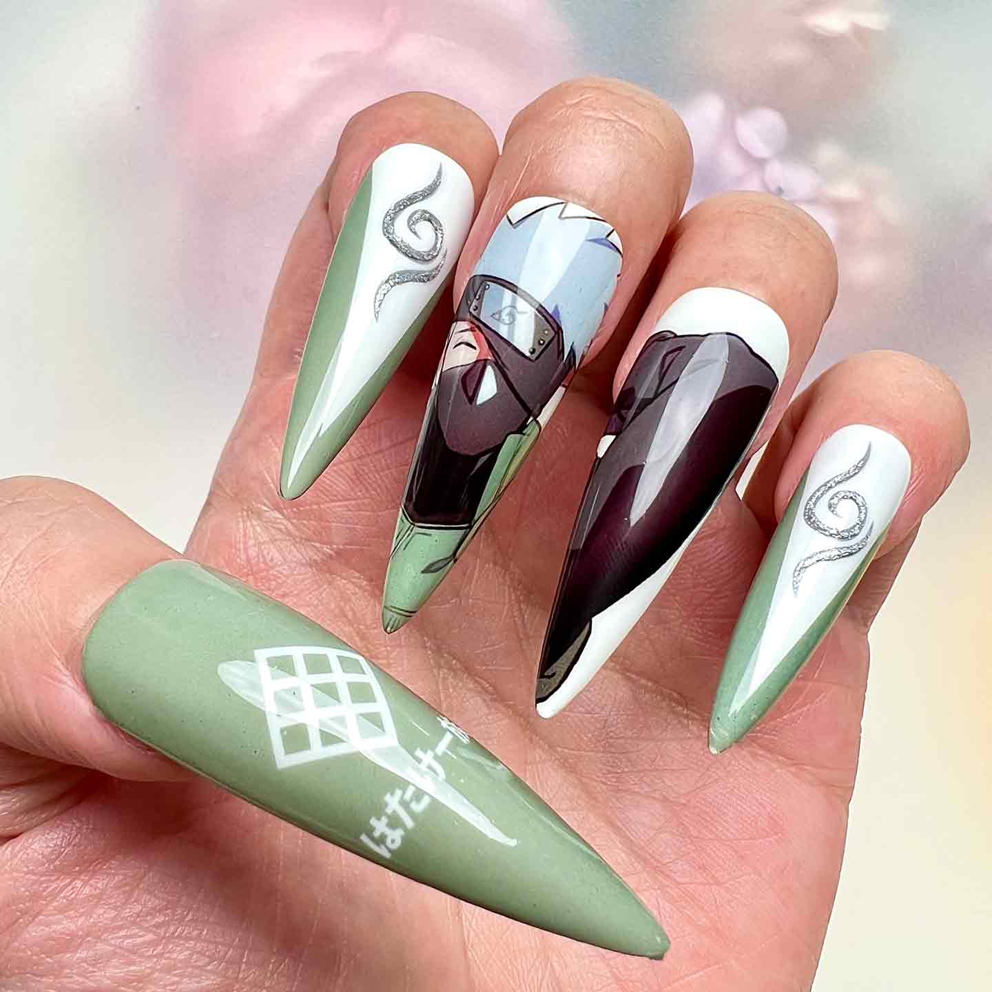Naruto Shippuden Kakashi Hatake Press-On Nails | ANBU &amp; Jōnin Anime Set | Clan Symbol, Snake Tattoo &amp; Signature Green | Dragonnail