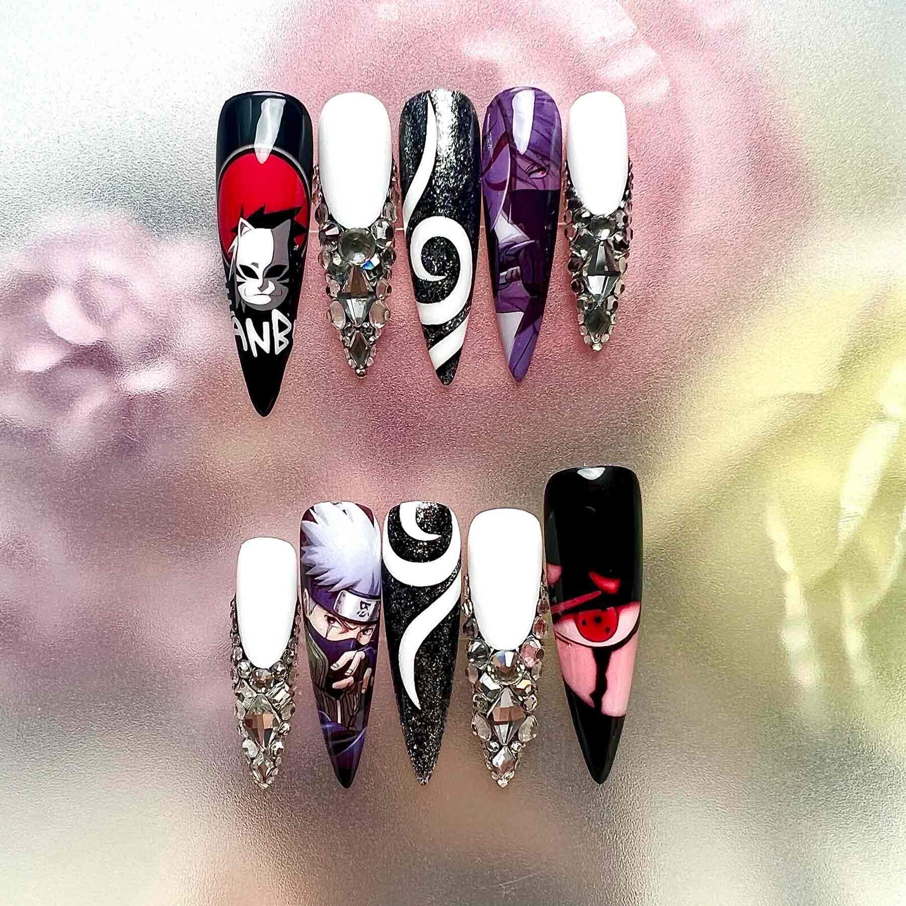 Kakashi Hatake Nails – Naruto Shippuden Press-On Set, 3D Gem &amp; Anbu Sharingan Design | Dragonnail