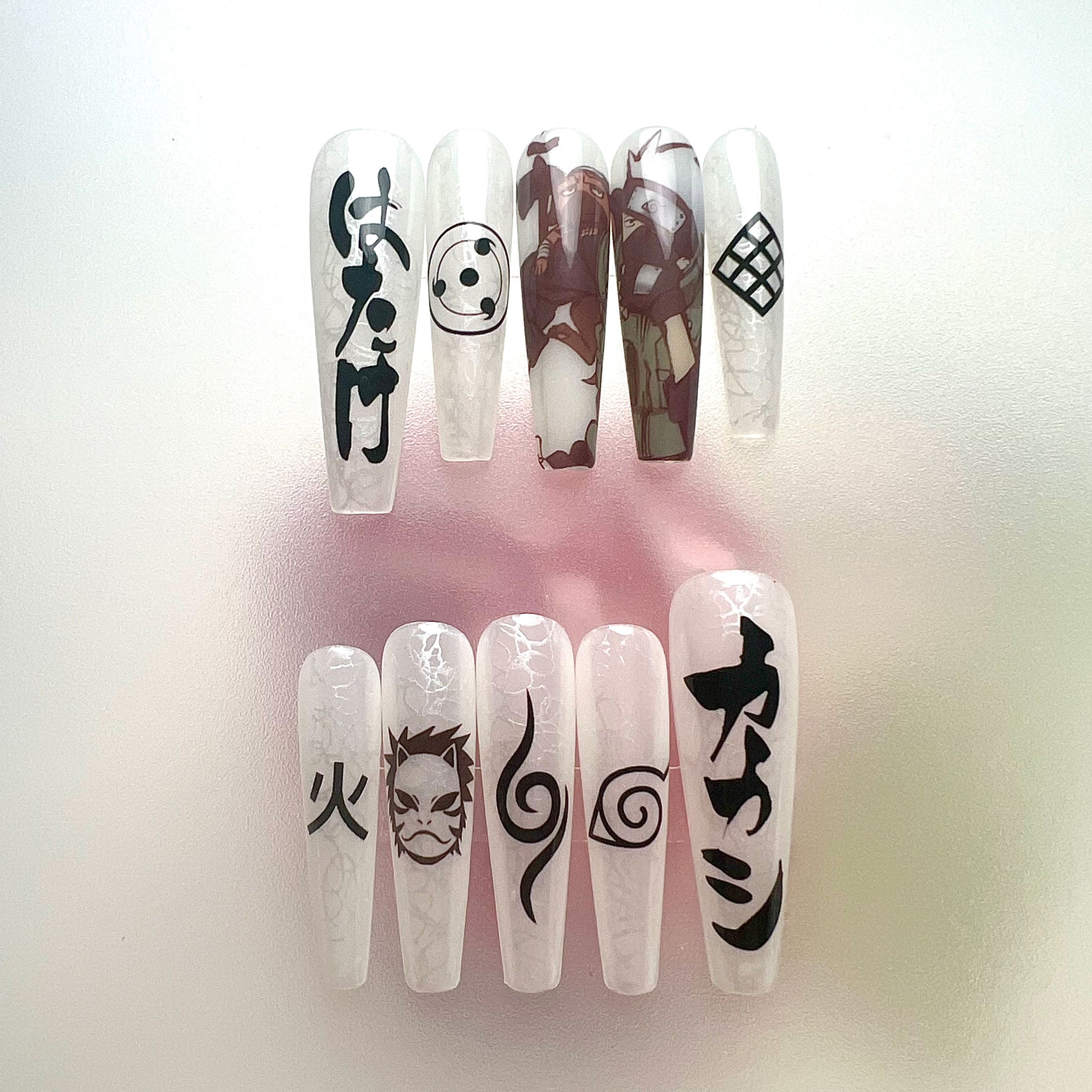 Kakashi Hatake Nails – Naruto Shippuden Press-On Set, Black &amp; White Monochrome Kanji Anime Design | Dragonnail
