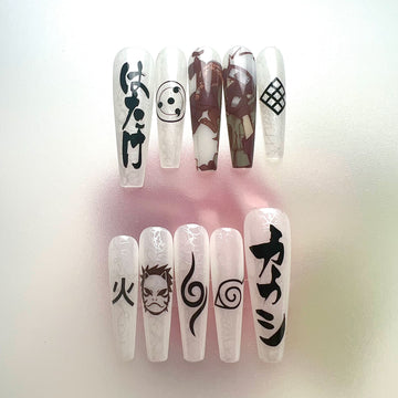 Kakashi Hatake Nails – Naruto Shippuden Press-On Set, Black &amp; White Monochrome Kanji Anime Design | Dragonnail