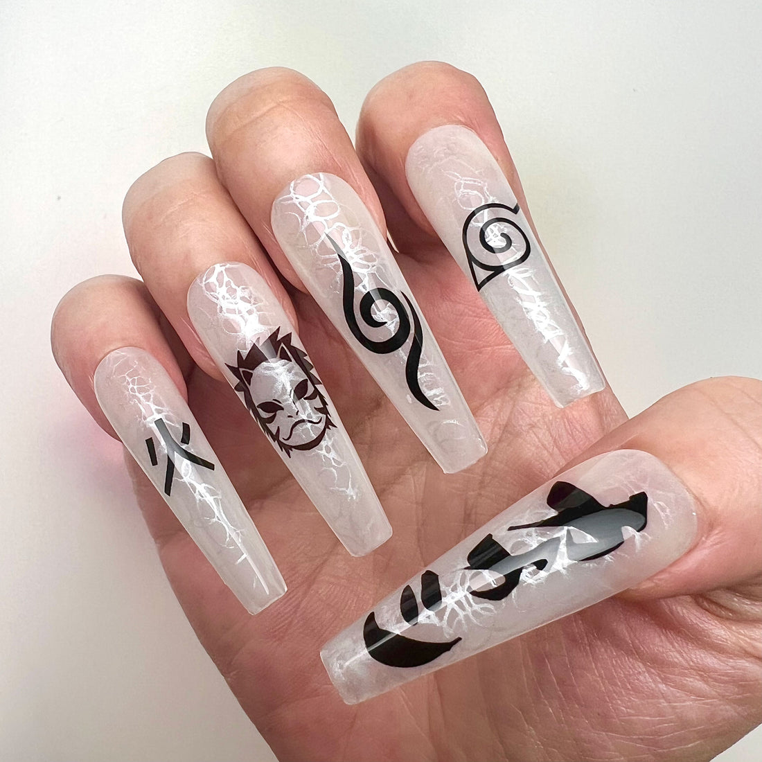 Kakashi Hatake Nails – Naruto Shippuden Press-On Set, Black &amp; White Monochrome Kanji Anime Design | Dragonnail