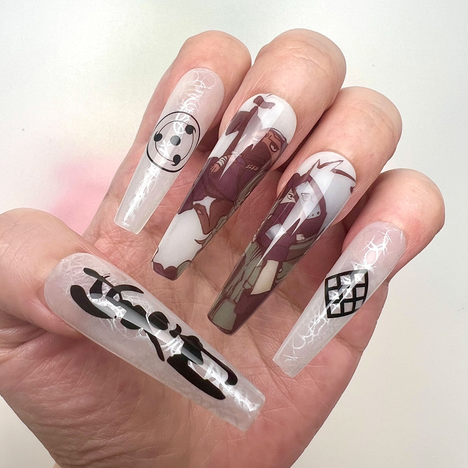 Kakashi Hatake Nails – Naruto Shippuden Press-On Set, Black &amp; White Monochrome Kanji Anime Design | Dragonnail