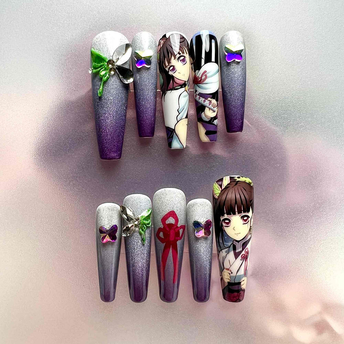 Kanao Tsuyuri Nails – Demon Slayer KNY Press-On Set, 3D Butterfly Gem &amp; Purple Ombré Design | Dragonnail