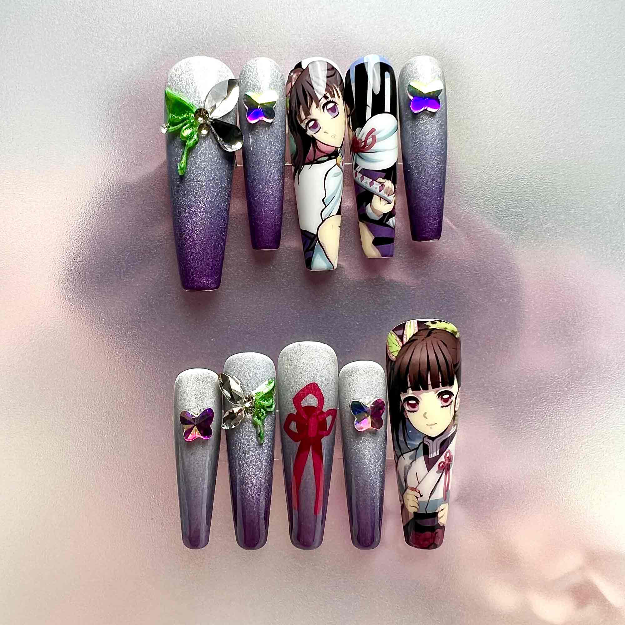 Kanao Tsuyuri Nails – Demon Slayer KNY Press-On Set, 3D Butterfly Gem &amp; Purple Ombré Design | Dragonnail