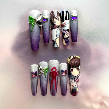 Kanao Tsuyuri Nails – Demon Slayer KNY Press-On Set, 3D Butterfly Gem &amp; Purple Ombré Design | Dragonnail