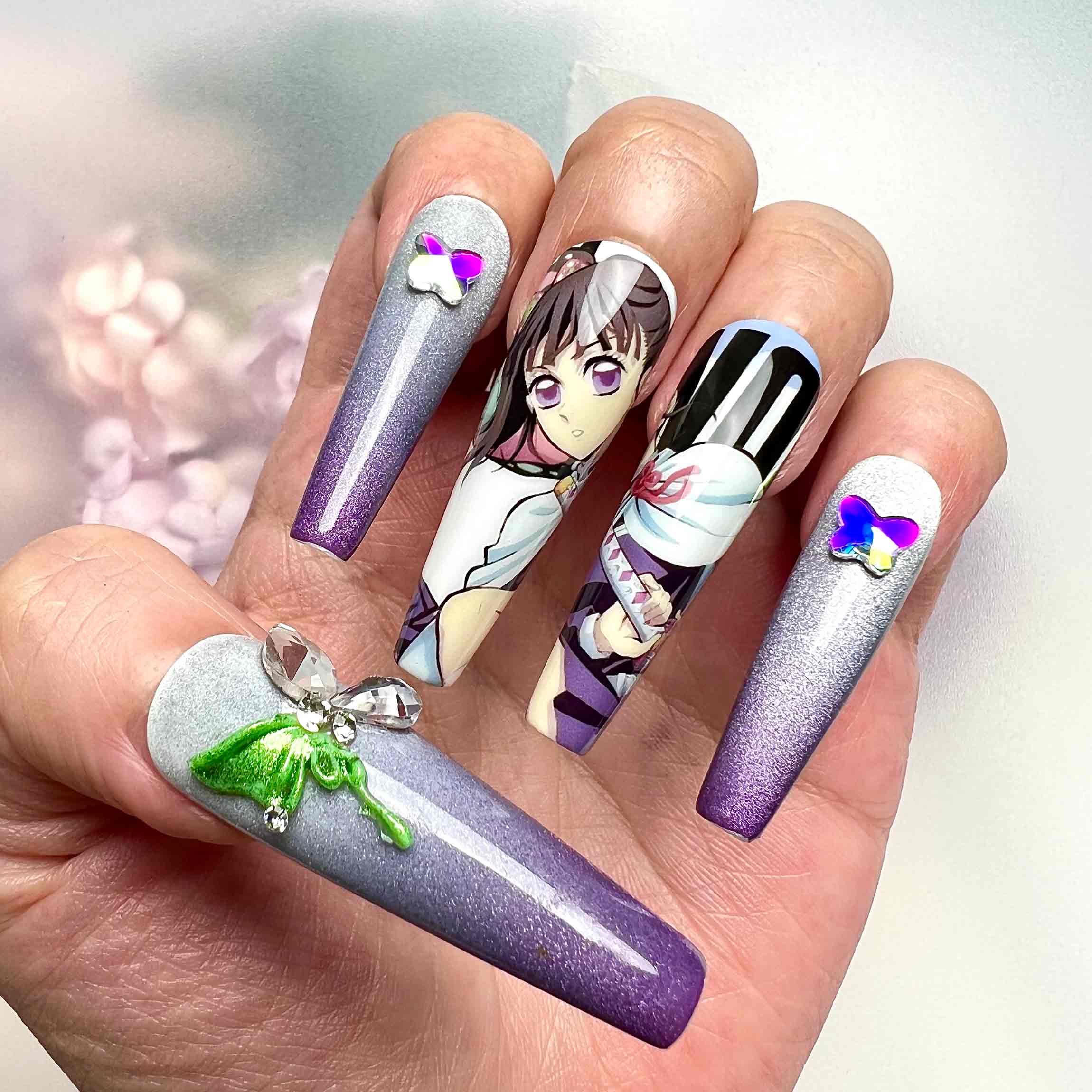 Kanao Tsuyuri Nails – Demon Slayer KNY Press-On Set, 3D Butterfly Gem &amp; Purple Ombré Design | Dragonnail