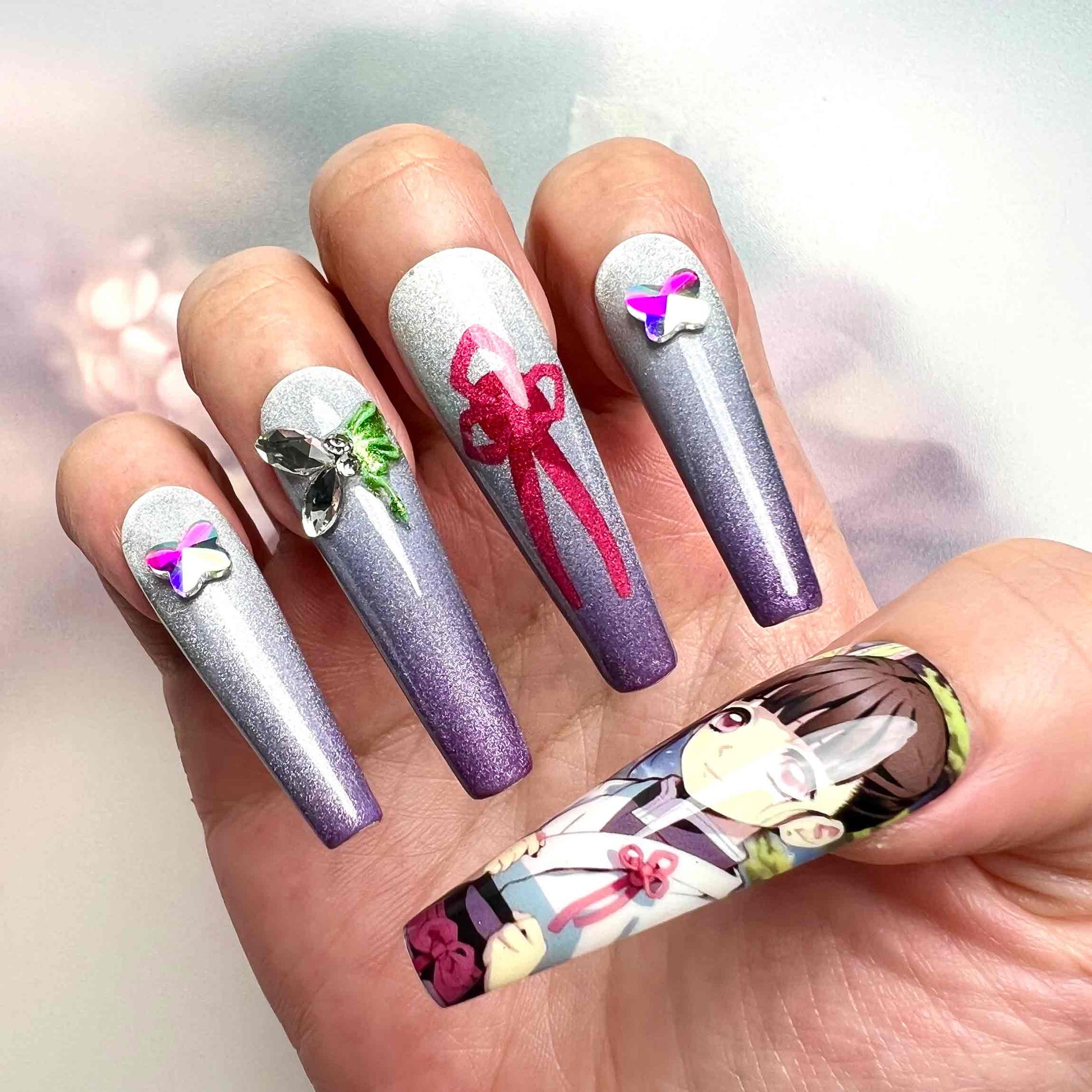 Kanao Tsuyuri Nails – Demon Slayer KNY Press-On Set, 3D Butterfly Gem &amp; Purple Ombré Design | Dragonnail