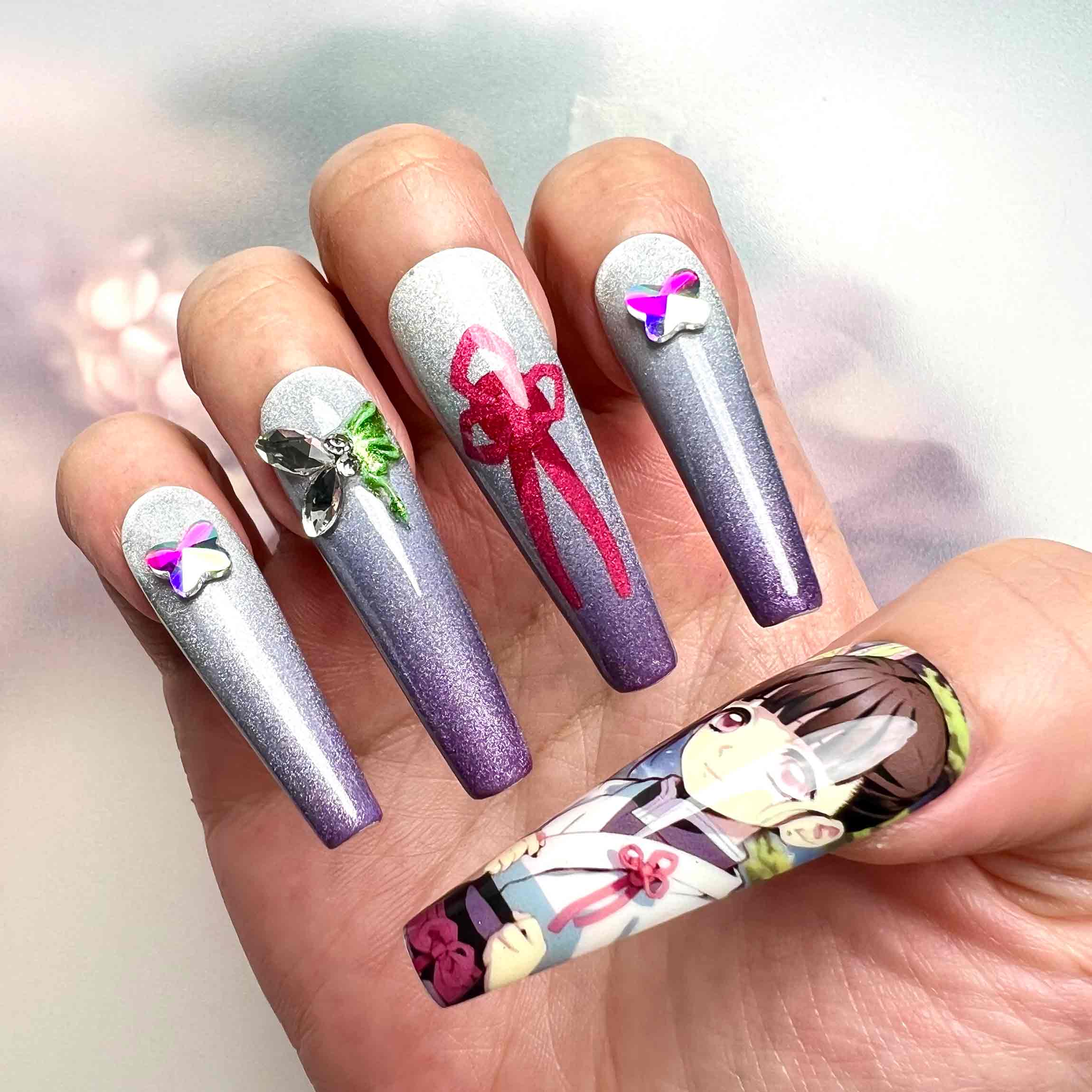 Kanao Tsuyuri Nails – Demon Slayer KNY Press-On Set, 3D Butterfly Gem &amp; Purple Ombré Design | Dragonnail