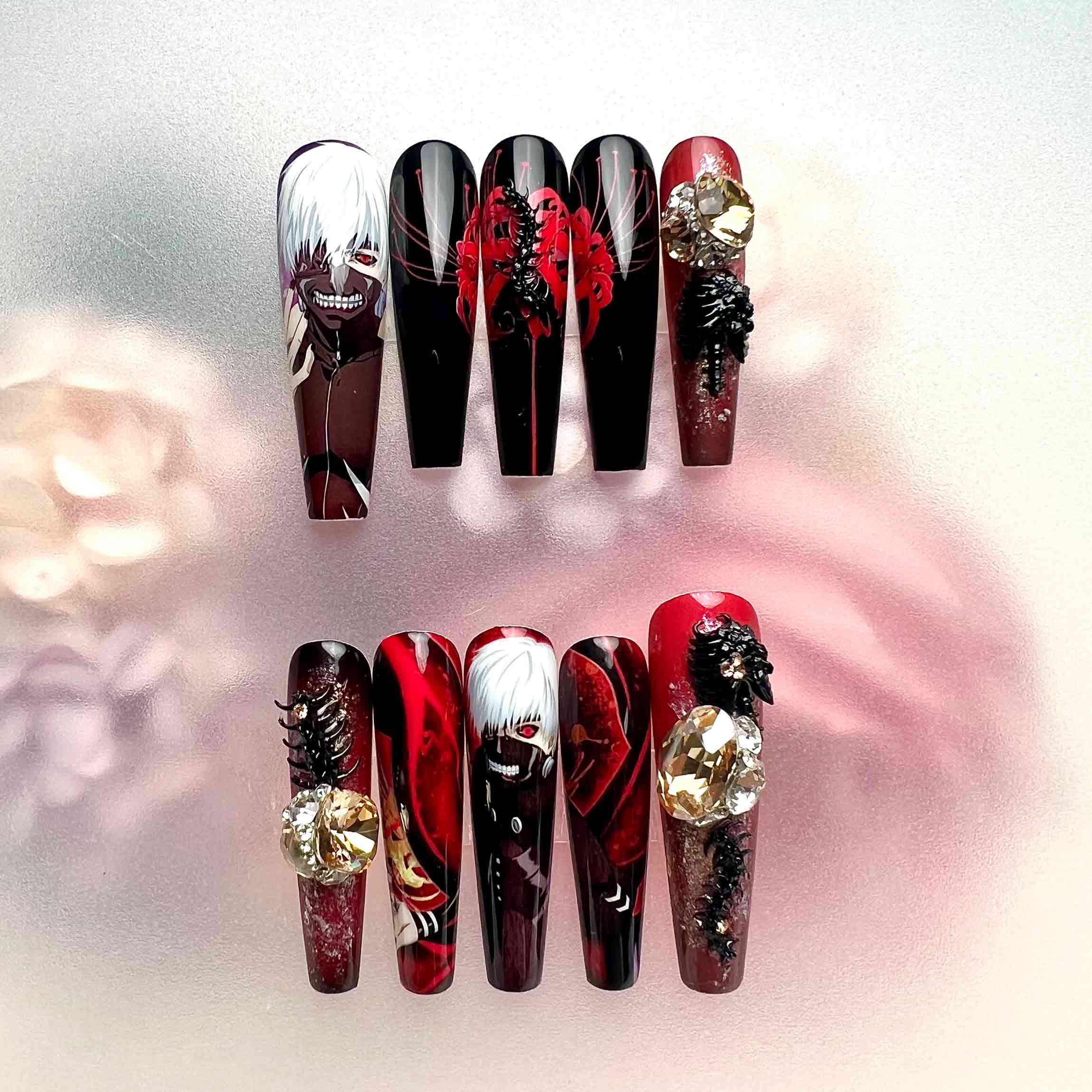 Tokyo Ghoul Nails – Ken Kaneki Press-On Set, 3D Gem &amp; Spider Lily Gothic Anime Design | Dragonnail