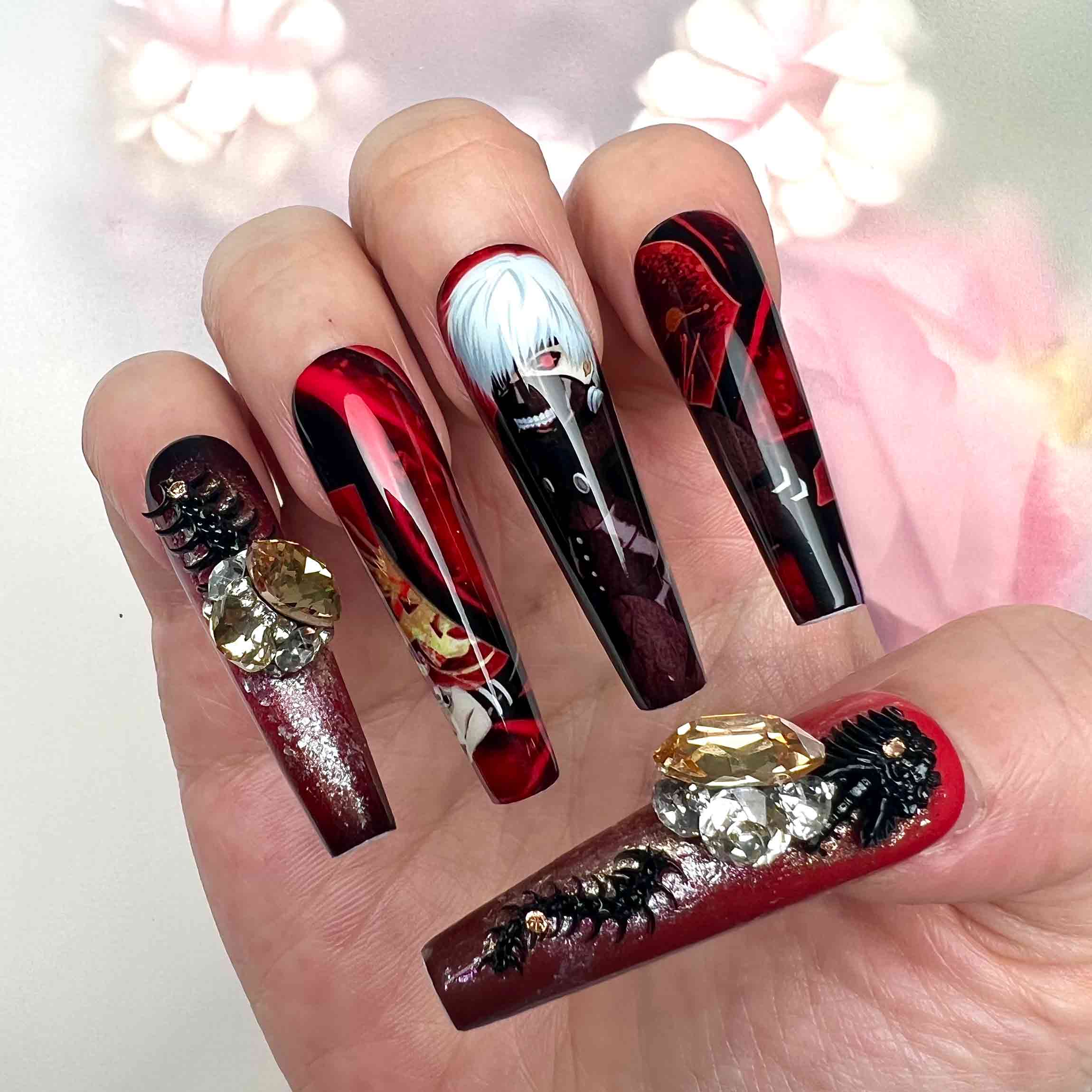 Tokyo Ghoul Nails – Ken Kaneki Press-On Set, 3D Gem &amp; Spider Lily Gothic Anime Design | Dragonnail