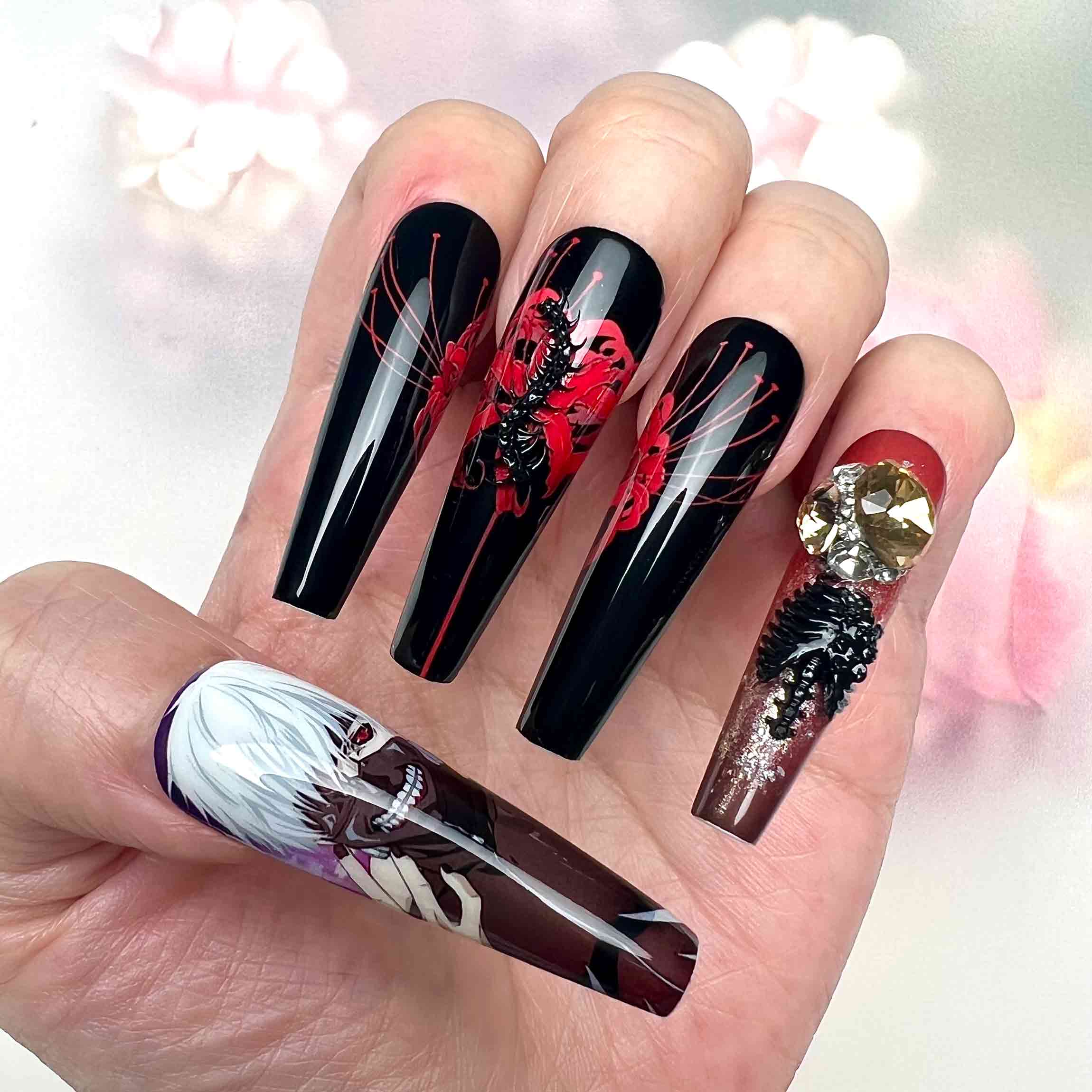 Tokyo Ghoul Nails – Ken Kaneki Press-On Set, 3D Gem &amp; Spider Lily Gothic Anime Design | Dragonnail