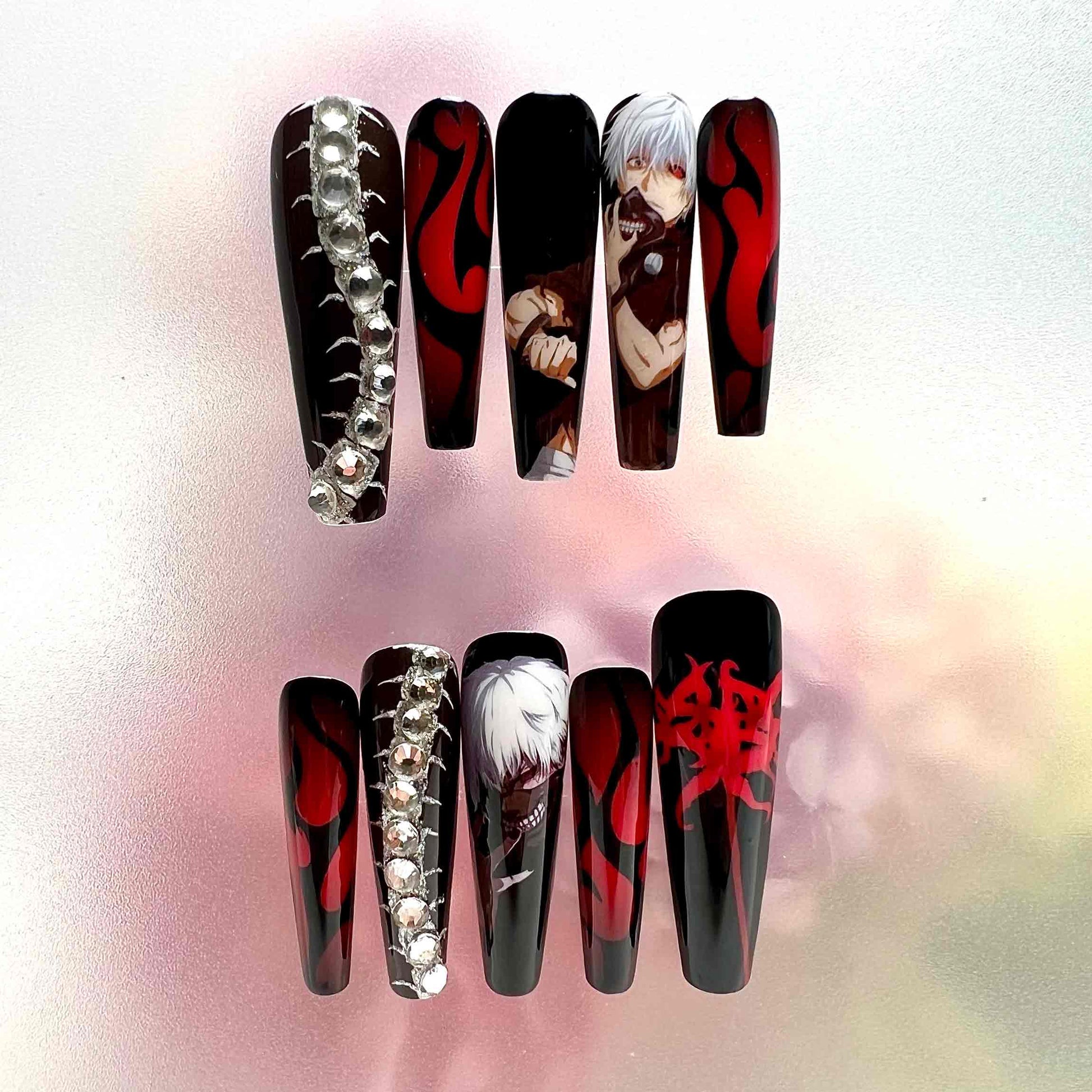 Tokyo Ghoul Nails – Ken Kaneki Press-On Set, 3D Rhinestone &amp; Red Flame Gothic Anime Design | Dragonnail