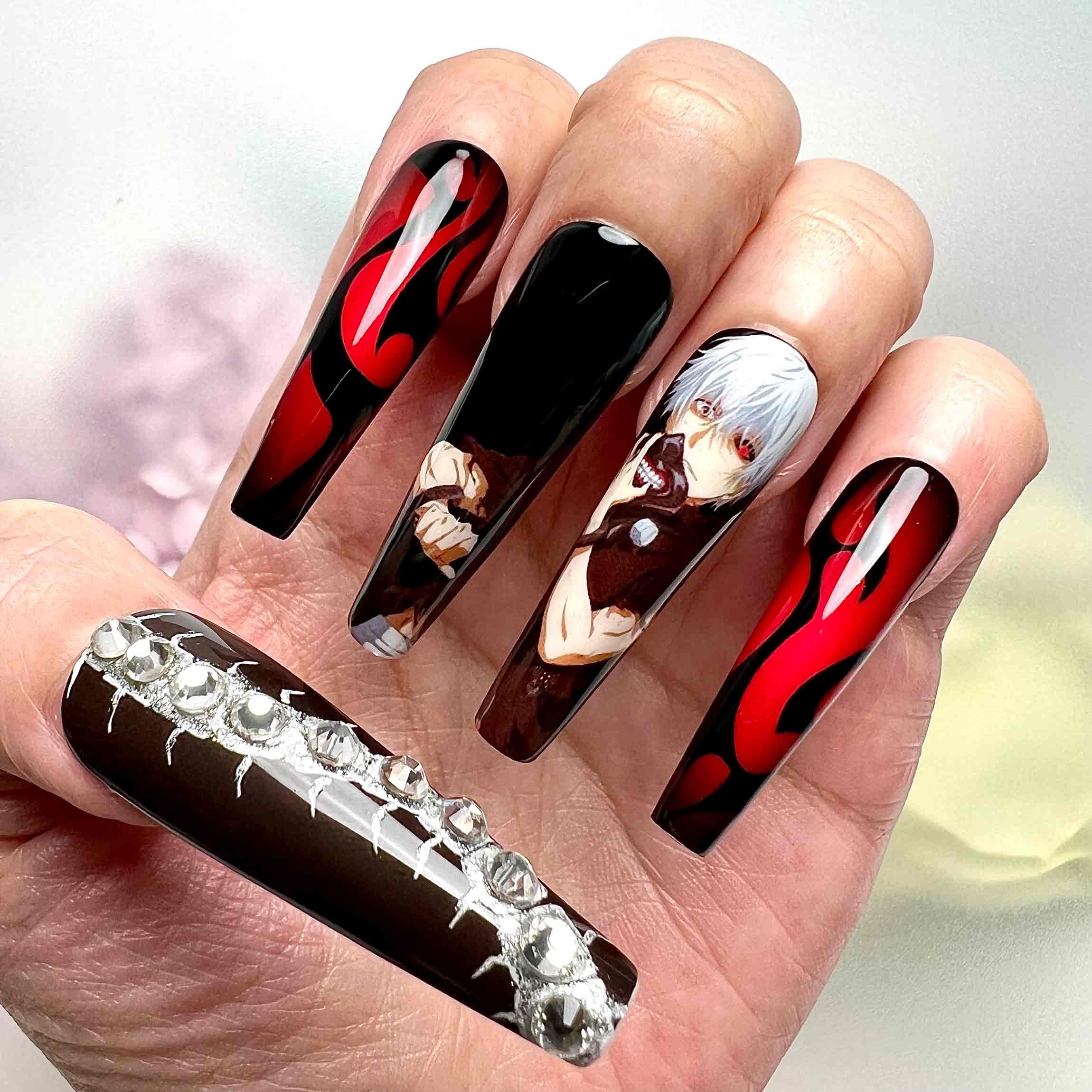 Tokyo Ghoul Nails – Ken Kaneki Press-On Set, 3D Rhinestone &amp; Red Flame Gothic Anime Design | Dragonnail