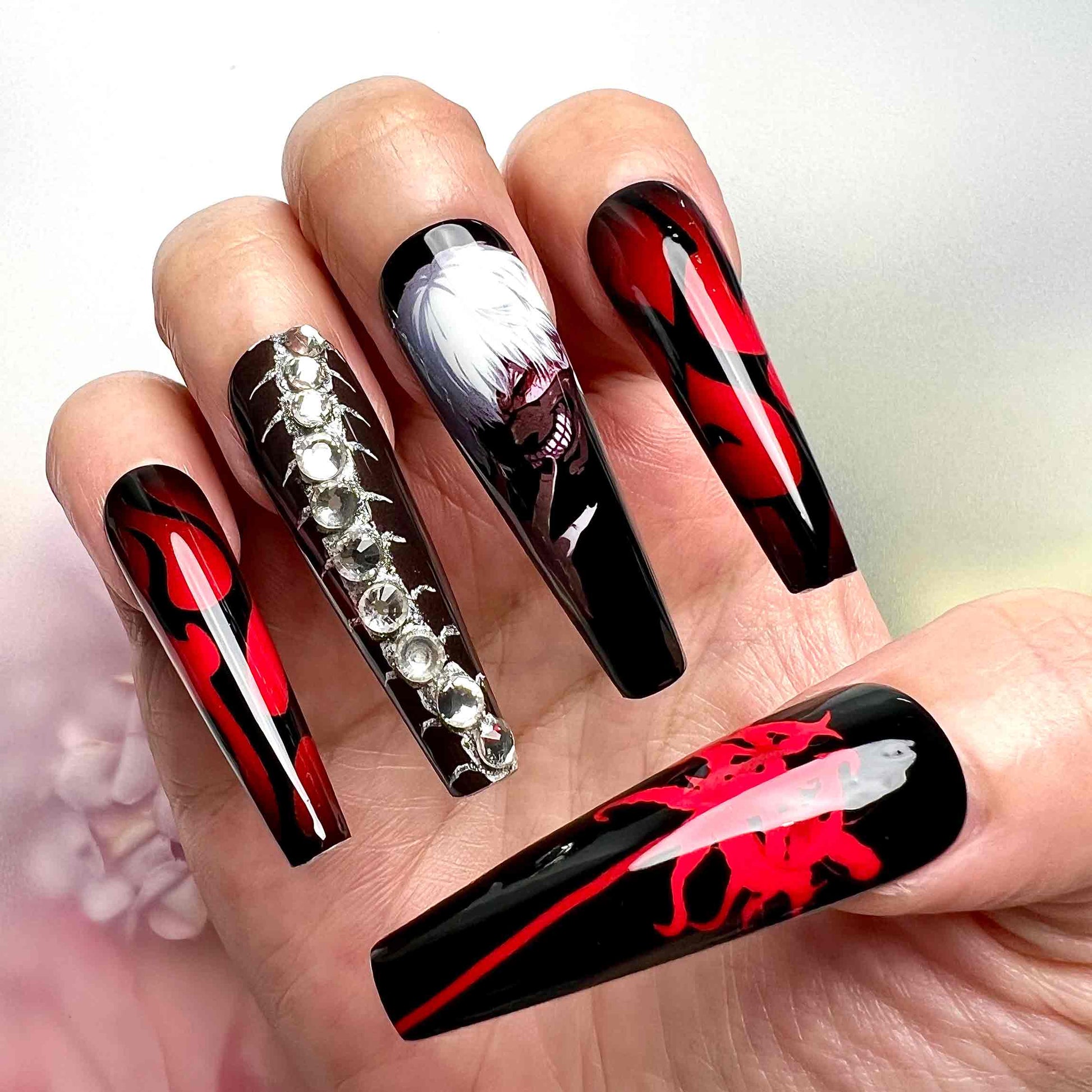 Tokyo Ghoul Nails – Ken Kaneki Press-On Set, 3D Rhinestone &amp; Red Flame Gothic Anime Design | Dragonnail