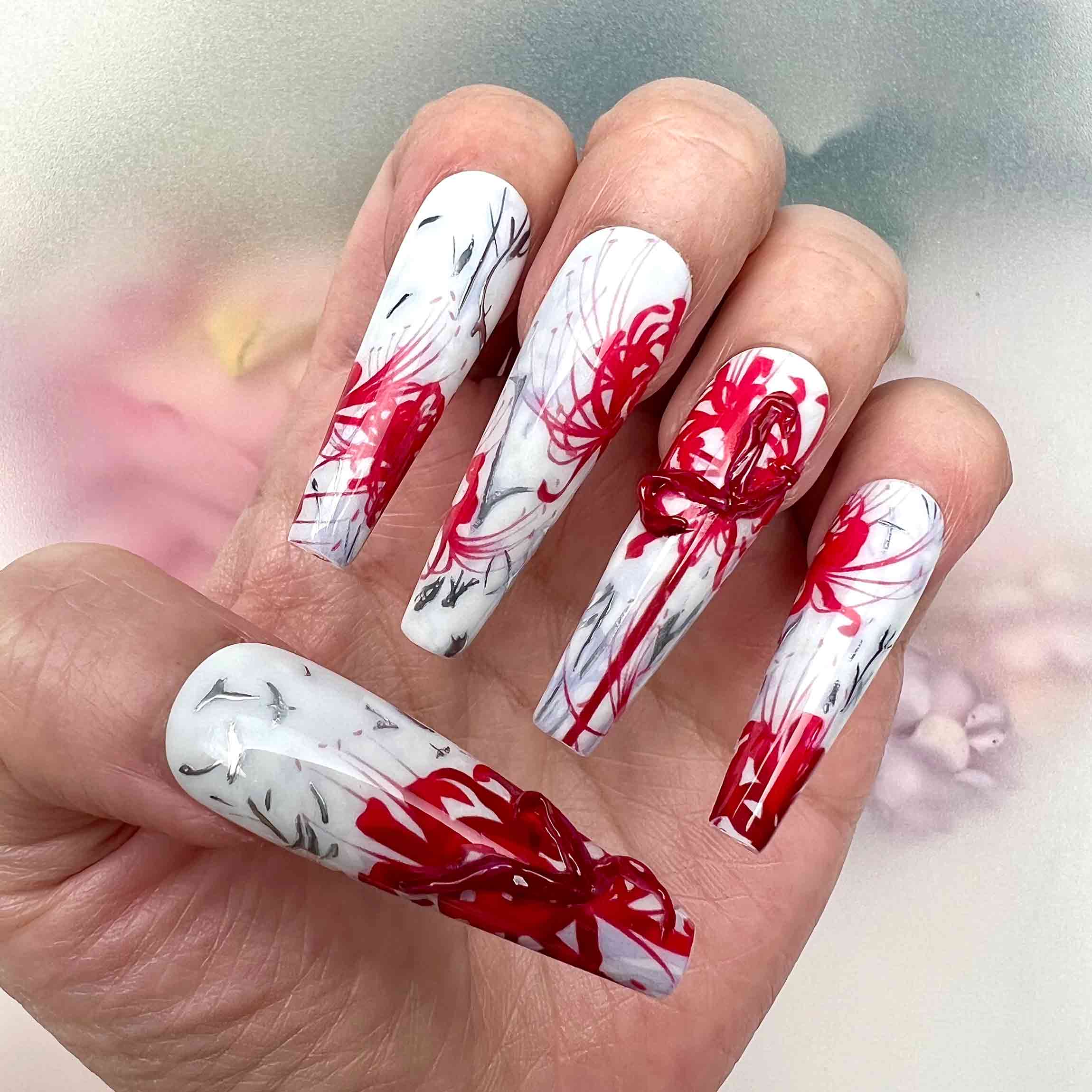 Red Spider Lily Nails – Cursed Bloom Press-On Nail Set, Gothic Horror Edition | Dragonnail