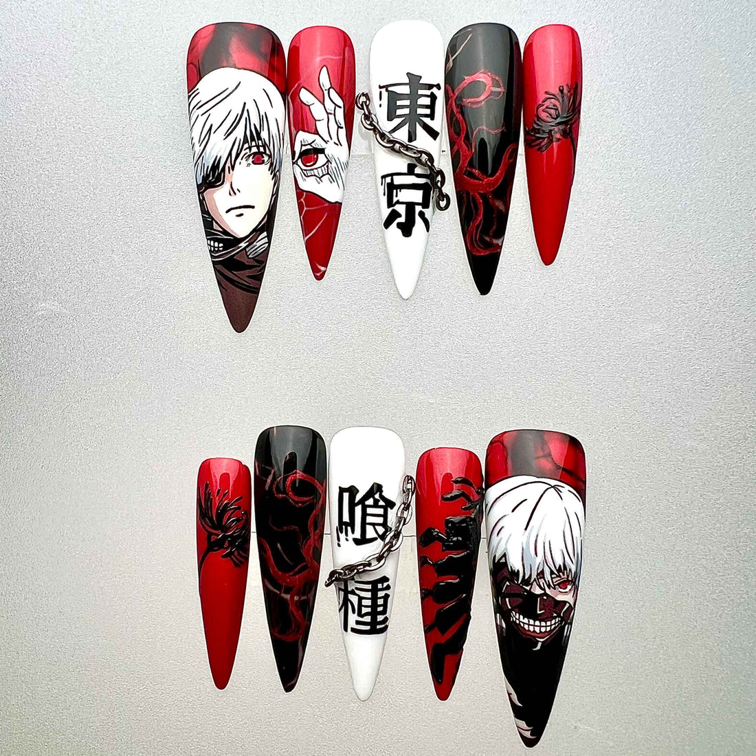 Tokyo Ghoul Nails – Kaneki Ken Red &amp; Black Press-On Nail Set, Horror Anime Design With Chain Accent | Dragonnail