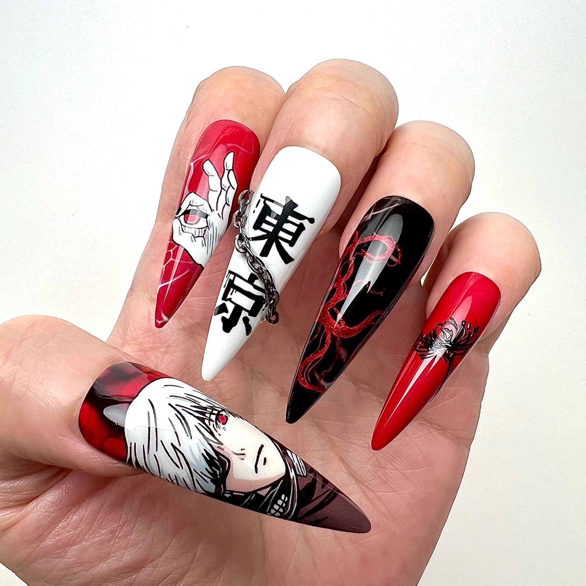 Tokyo Ghoul Nails – Kaneki Ken Red &amp; Black Press-On Nail Set, Horror Anime Design With Chain Accent | Dragonnail