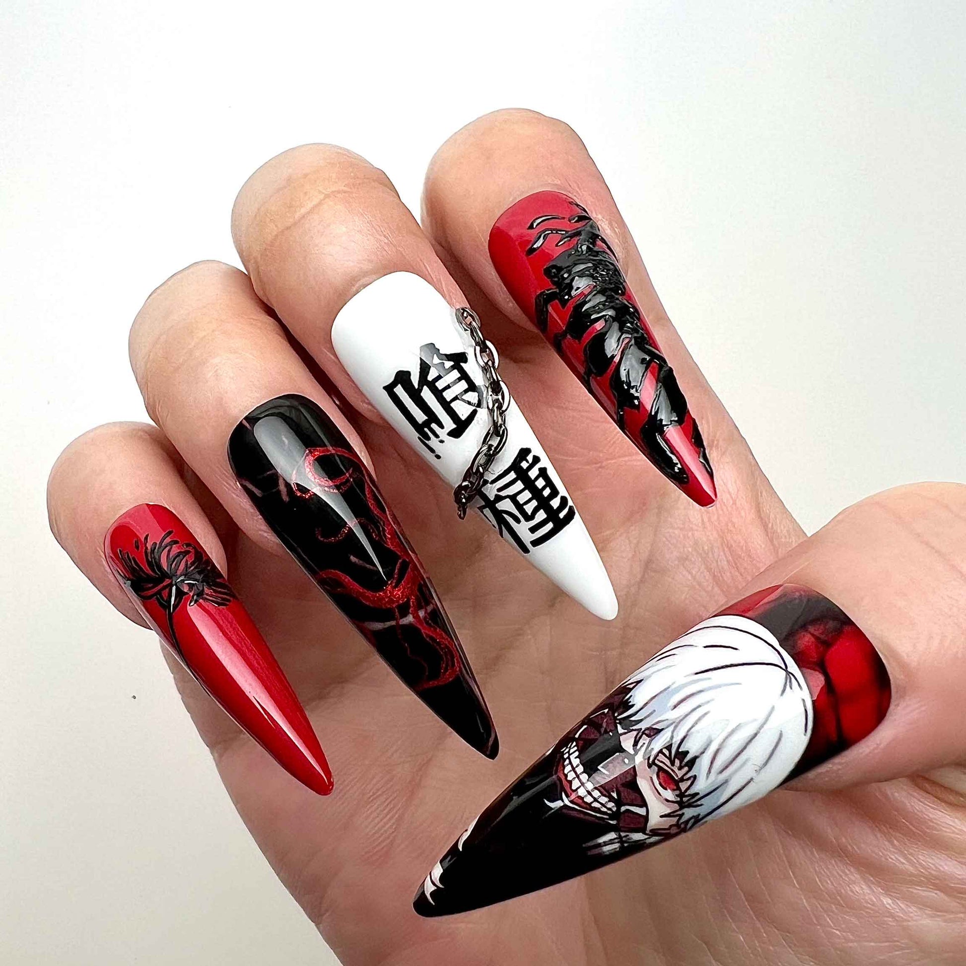 Tokyo Ghoul Nails – Kaneki Ken Red &amp; Black Press-On Nail Set, Horror Anime Design With Chain Accent | Dragonnail
