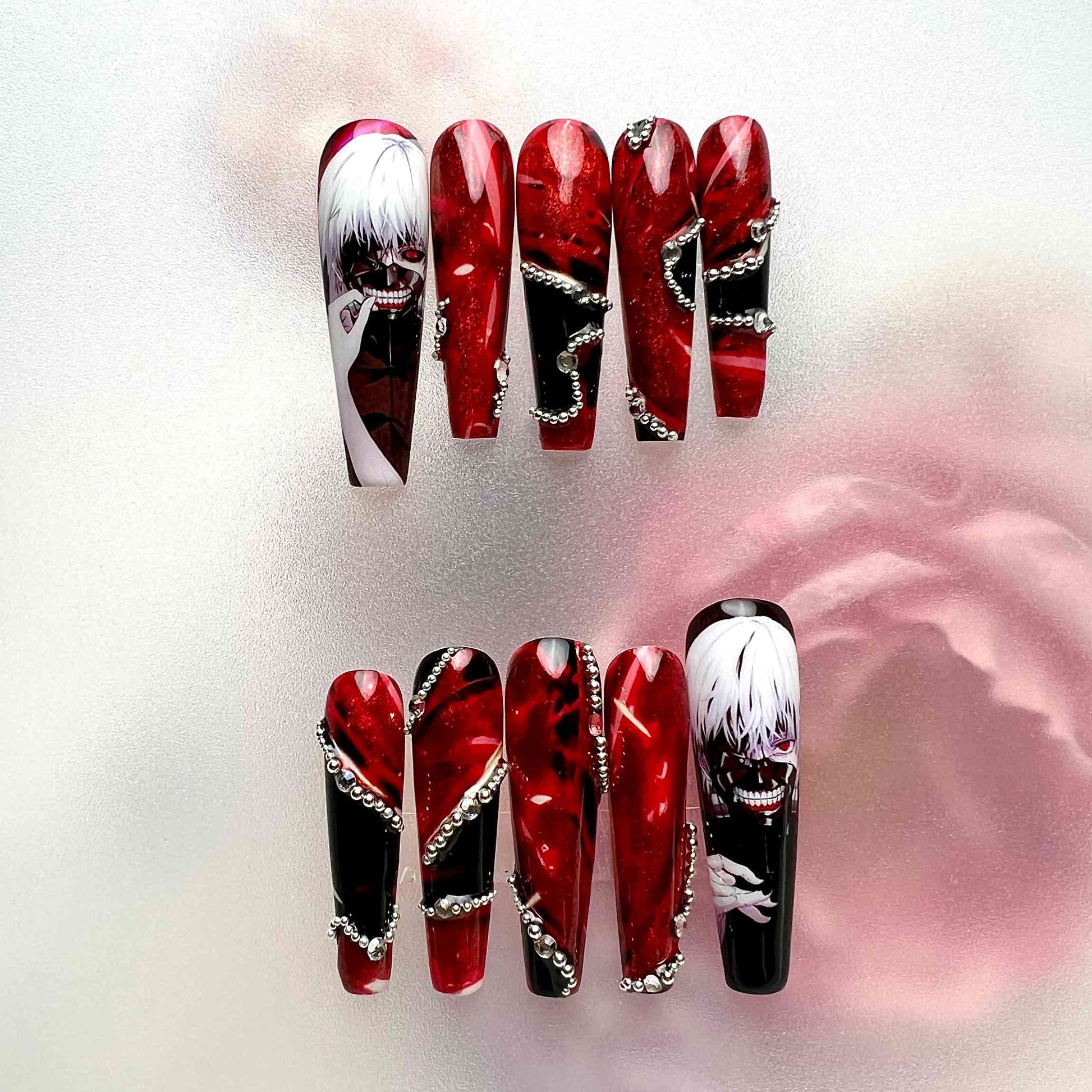 Tokyo Ghoul Nails – Ken Kaneki Press-On Set, 3D Gem Chain &amp; Gothic Red/Black Anime Design | Dragonnail
