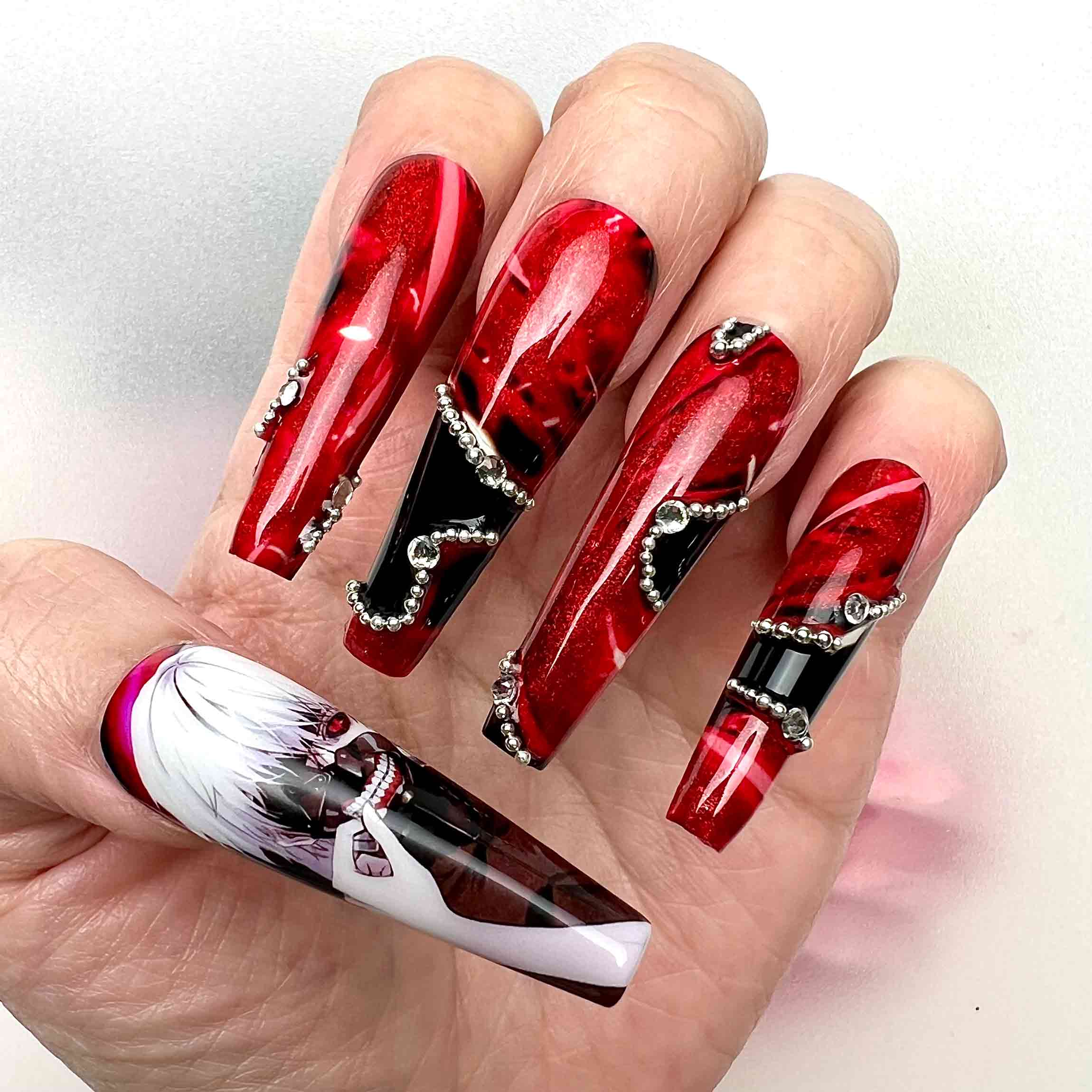 Tokyo Ghoul Nails – Ken Kaneki Press-On Set, 3D Gem Chain &amp; Gothic Red/Black Anime Design | Dragonnail