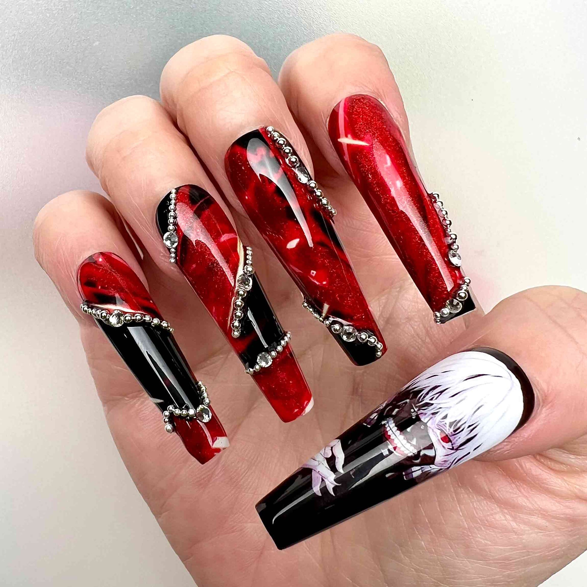 Tokyo Ghoul Nails – Ken Kaneki Press-On Set, 3D Gem Chain &amp; Gothic Red/Black Anime Design | Dragonnail