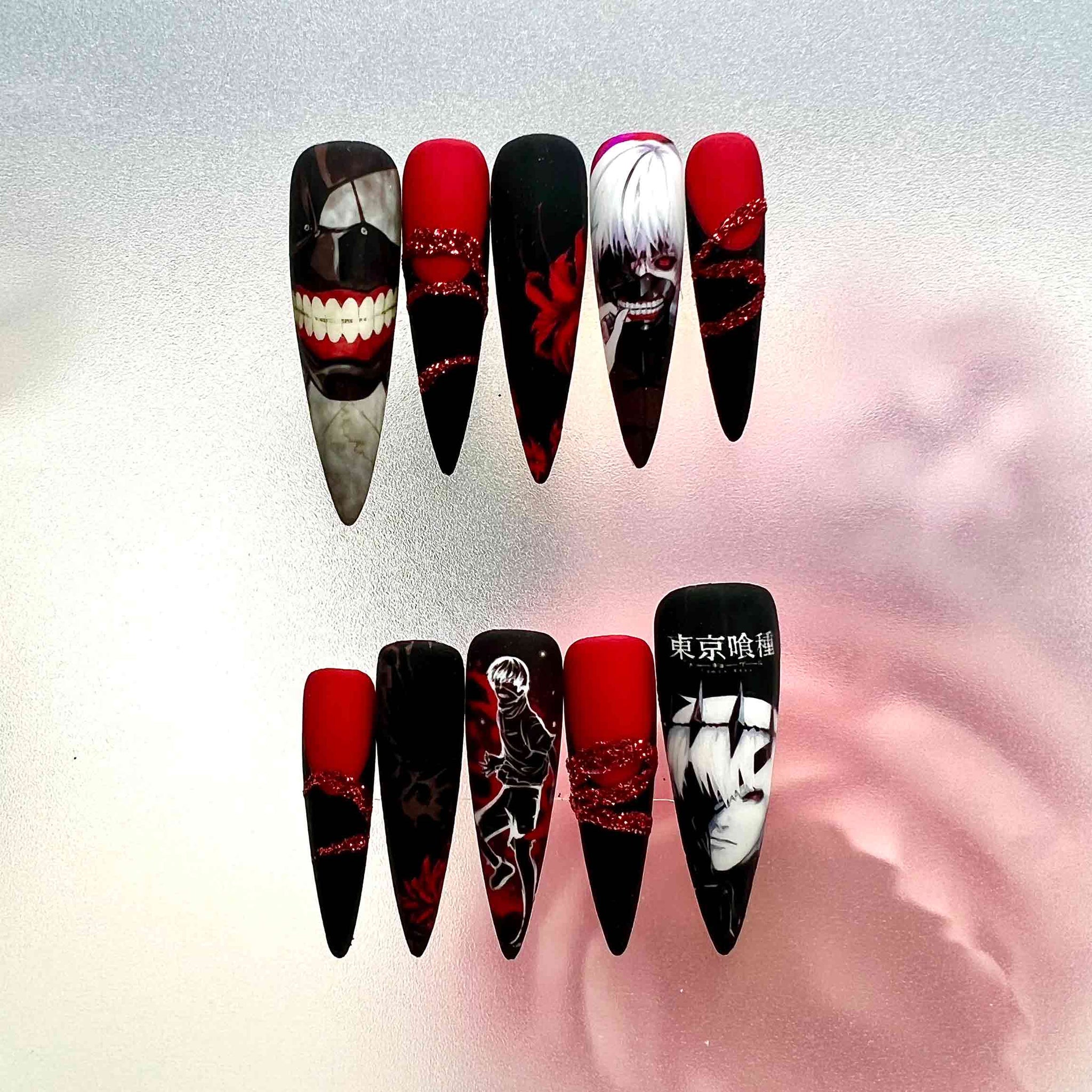 Tokyo Ghoul Nails – Ken Kaneki Press-On Set, Matte Red/Black &amp; Glitter Gothic Anime Design | Dragonnail