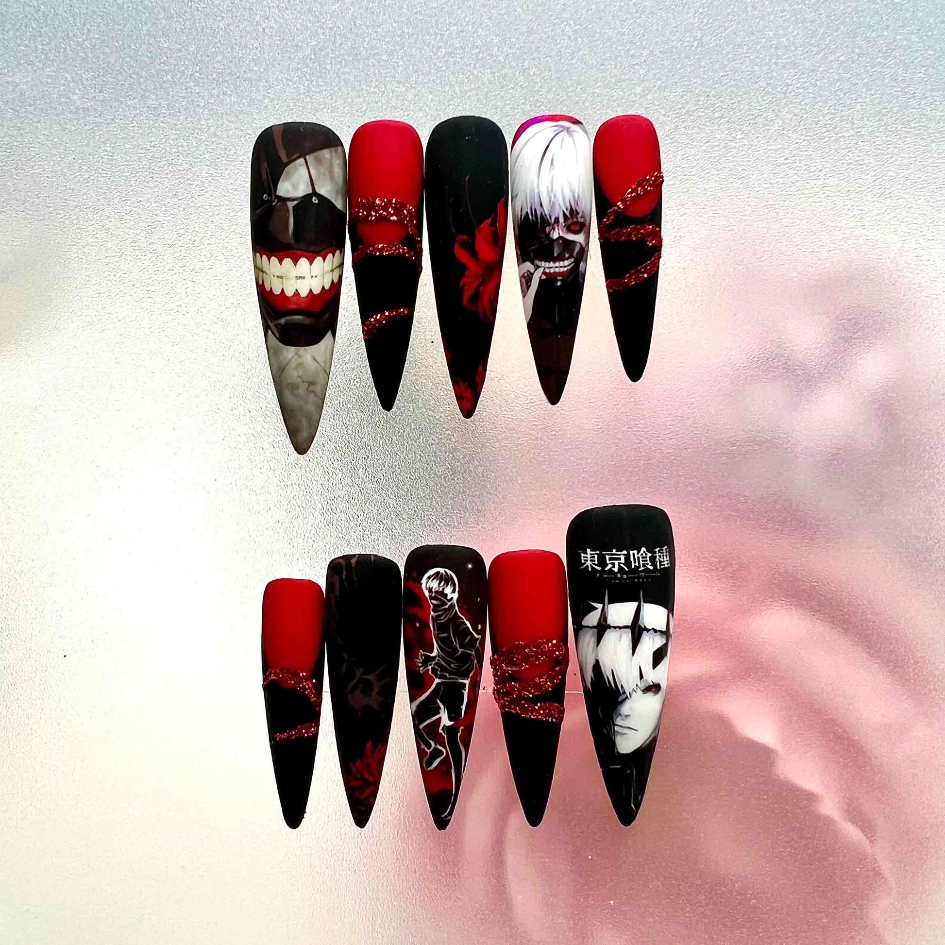 Tokyo Ghoul Nails – Ken Kaneki Press-On Set, Matte Red/Black &amp; Glitter Gothic Anime Design | Dragonnail