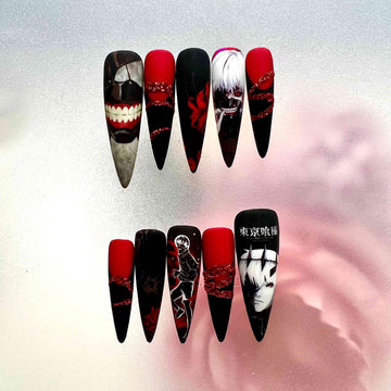 Tokyo Ghoul Nails – Ken Kaneki Press-On Set, Matte Red/Black &amp; Glitter Gothic Anime Design | Dragonnail