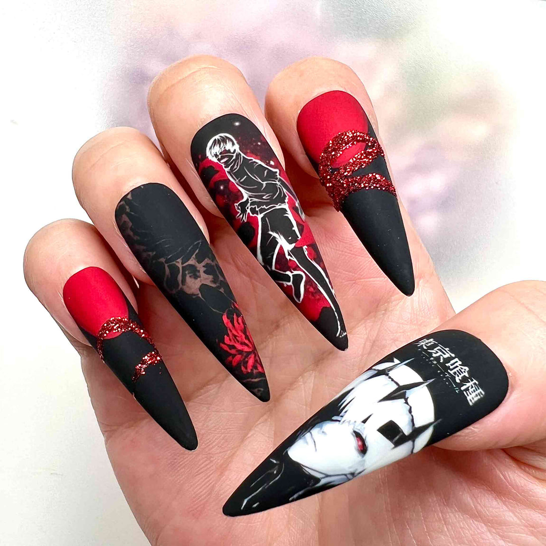Tokyo Ghoul Nails – Ken Kaneki Press-On Set, Matte Red/Black &amp; Glitter Gothic Anime Design | Dragonnail