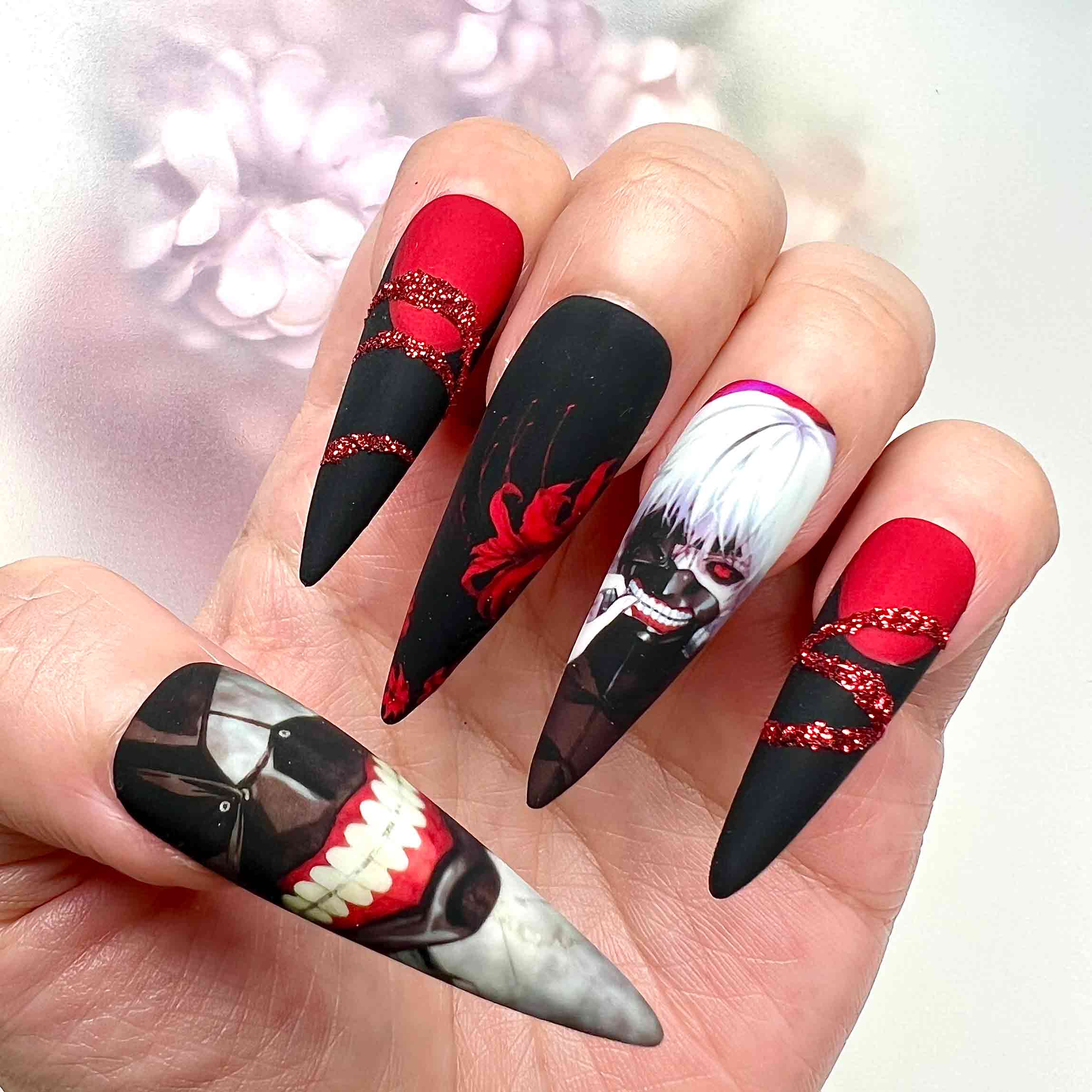 Tokyo Ghoul Nails – Ken Kaneki Press-On Set, Matte Red/Black &amp; Glitter Gothic Anime Design | Dragonnail