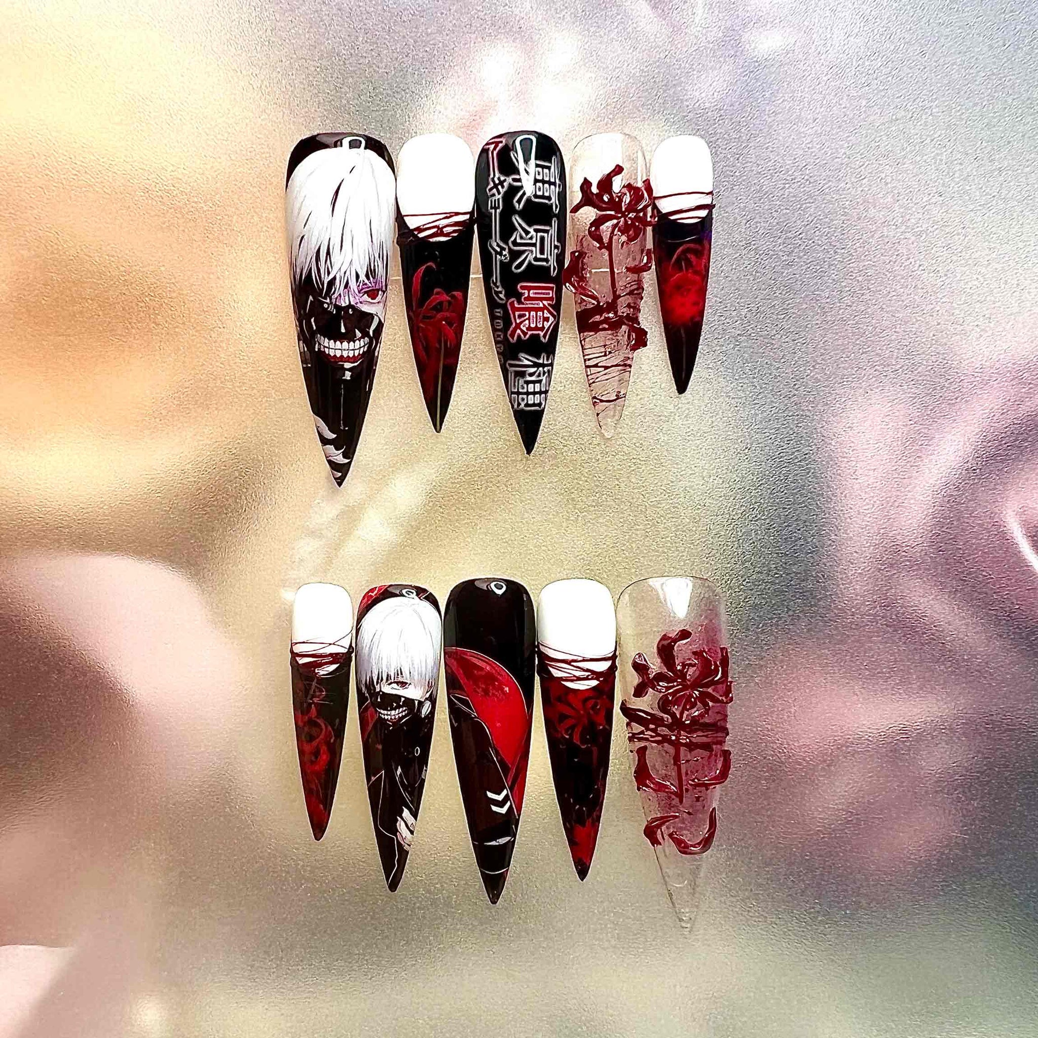 Tokyo Ghoul Kaneki Nails – Red &amp; Black Horror Anime Press-On Nail Set | Dragonnail