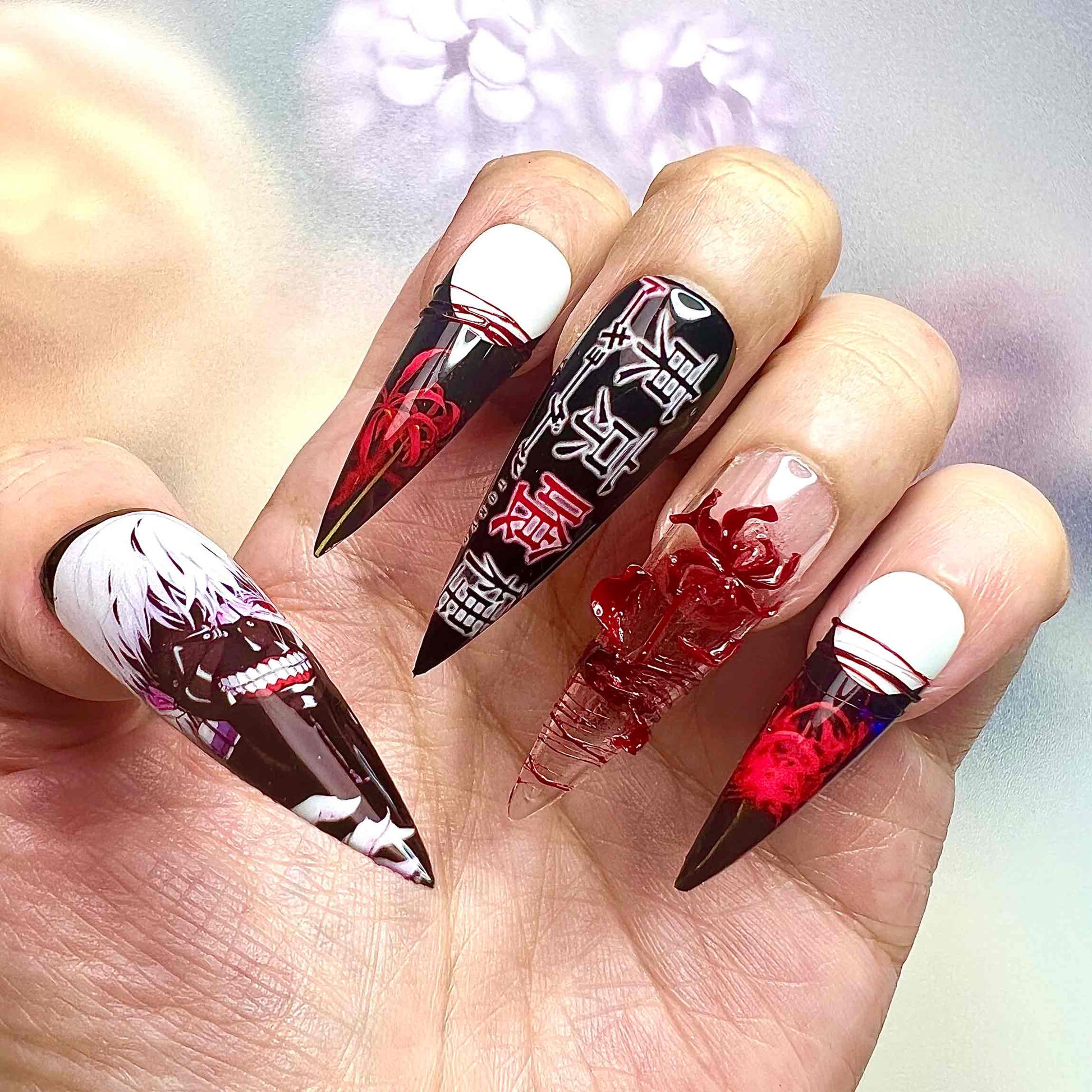 Tokyo Ghoul Kaneki Nails – Red &amp; Black Horror Anime Press-On Nail Set | Dragonnail