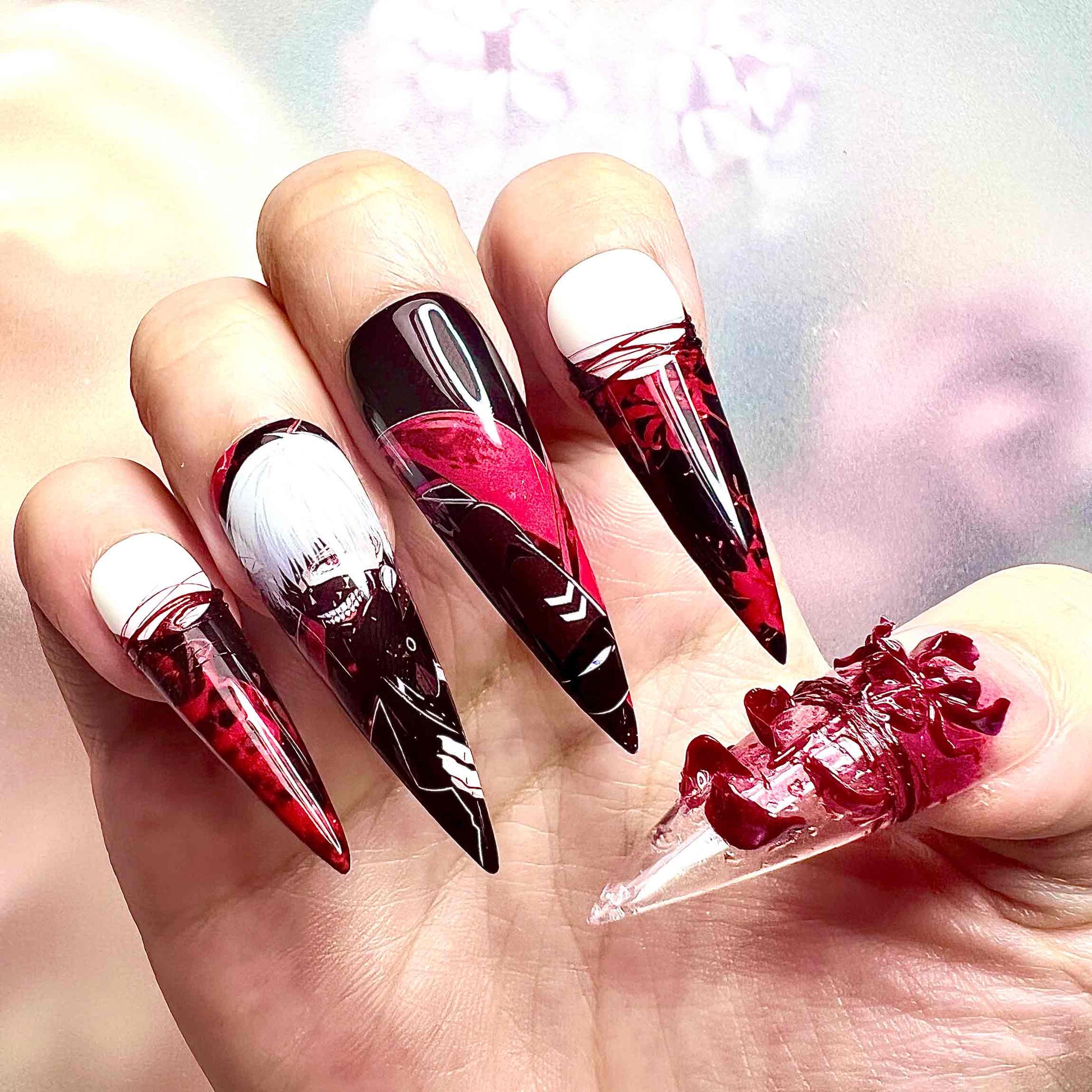 Tokyo Ghoul Kaneki Nails – Red &amp; Black Horror Anime Press-On Nail Set | Dragonnail