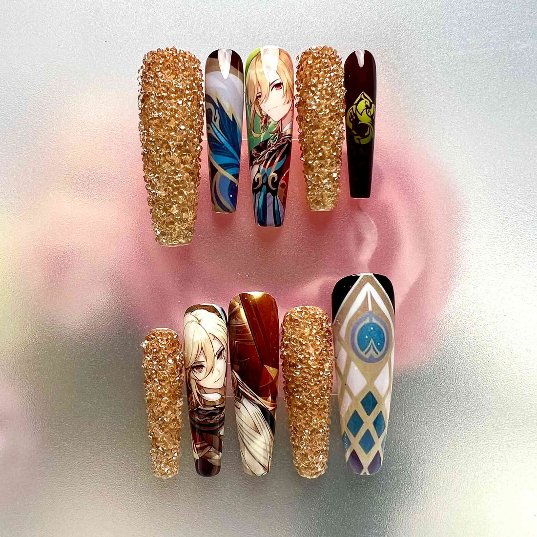 Xiao Nails – Genshin Impact Press-On Set, 3D Gold Crystal &amp; Anemo Vision Adeptus Design | Dragonnail