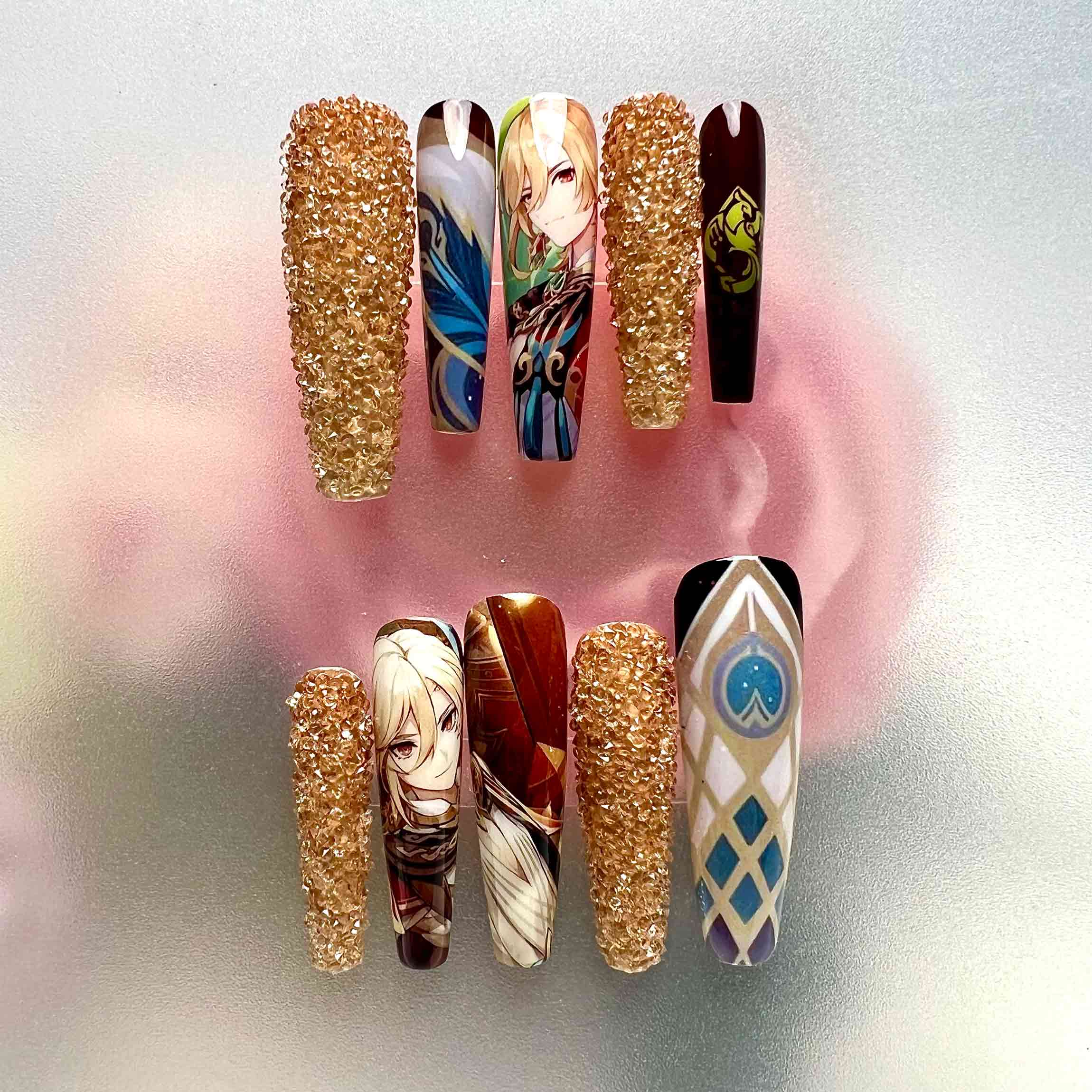 Xiao Nails – Genshin Impact Press-On Set, 3D Gold Crystal &amp; Anemo Vision Adeptus Design | Dragonnail