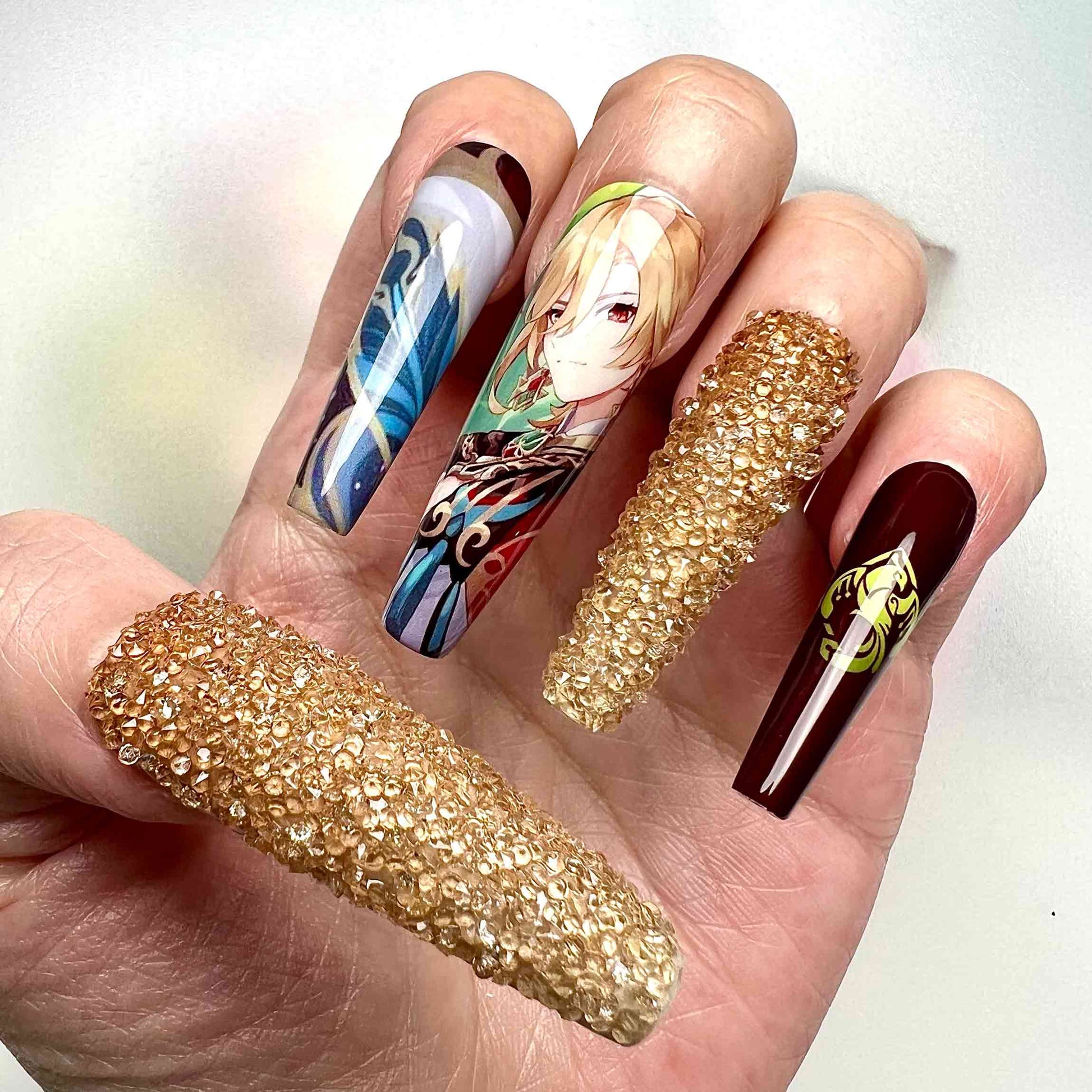Xiao Nails – Genshin Impact Press-On Set, 3D Gold Crystal &amp; Anemo Vision Adeptus Design | Dragonnail