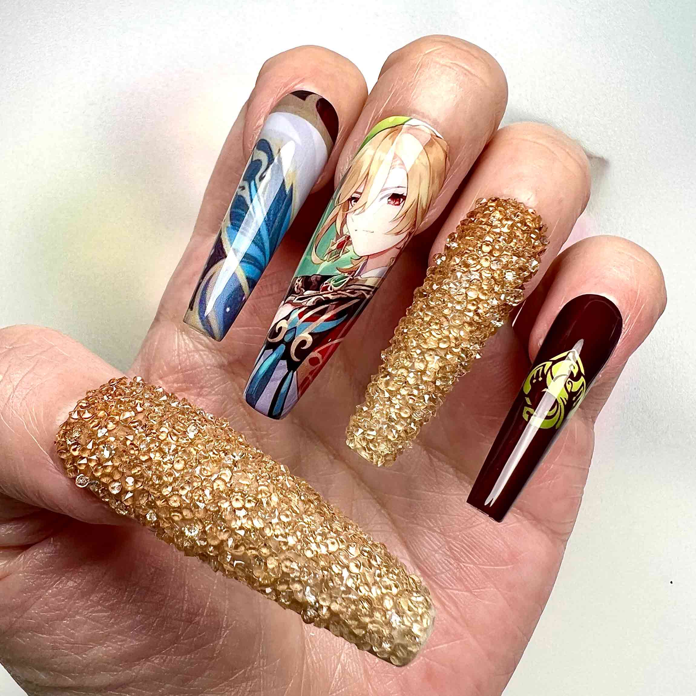 Xiao Nails – Genshin Impact Press-On Set, 3D Gold Crystal &amp; Anemo Vision Adeptus Design | Dragonnail