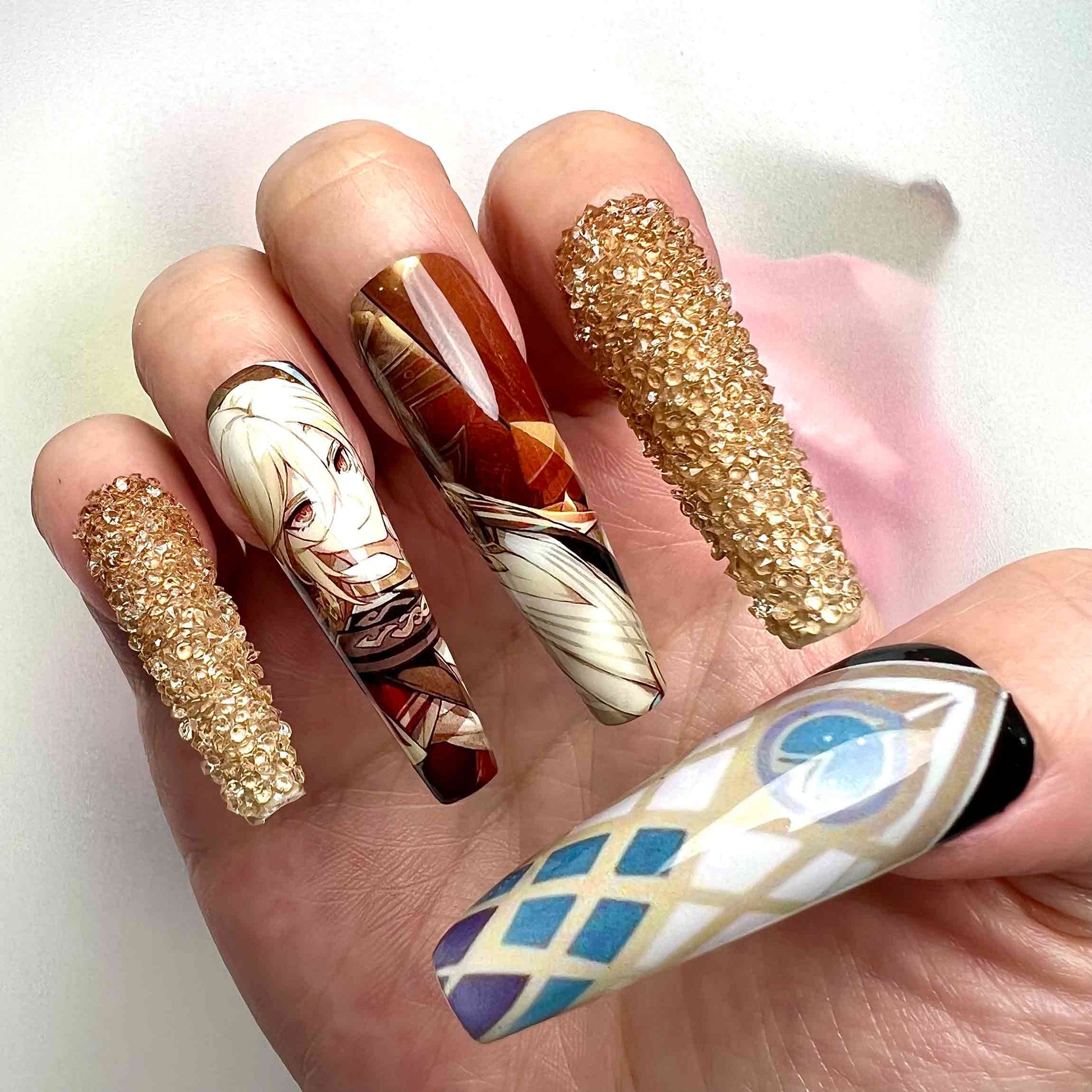 Xiao Nails – Genshin Impact Press-On Set, 3D Gold Crystal &amp; Anemo Vision Adeptus Design | Dragonnail