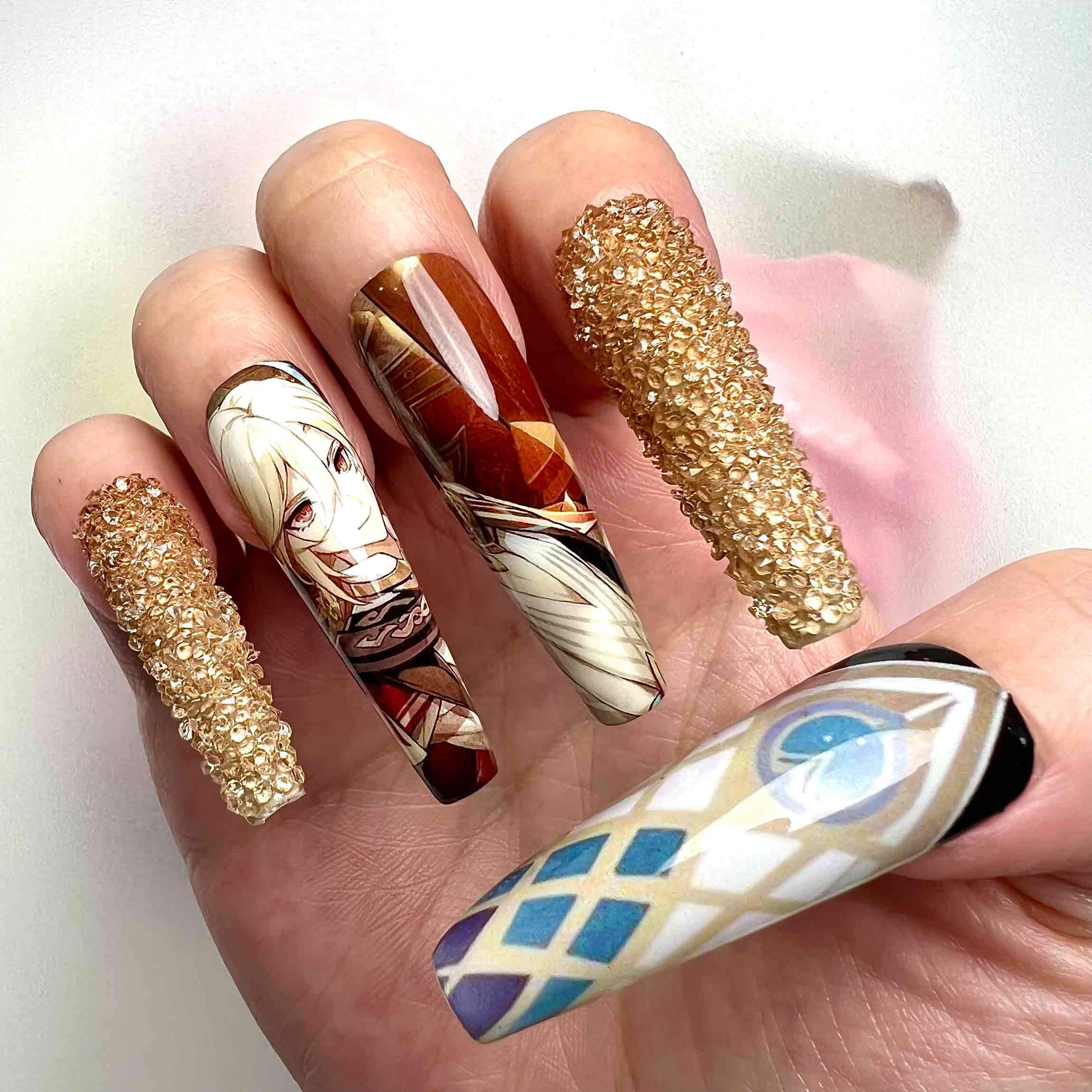 Xiao Nails – Genshin Impact Press-On Set, 3D Gold Crystal &amp; Anemo Vision Adeptus Design | Dragonnail