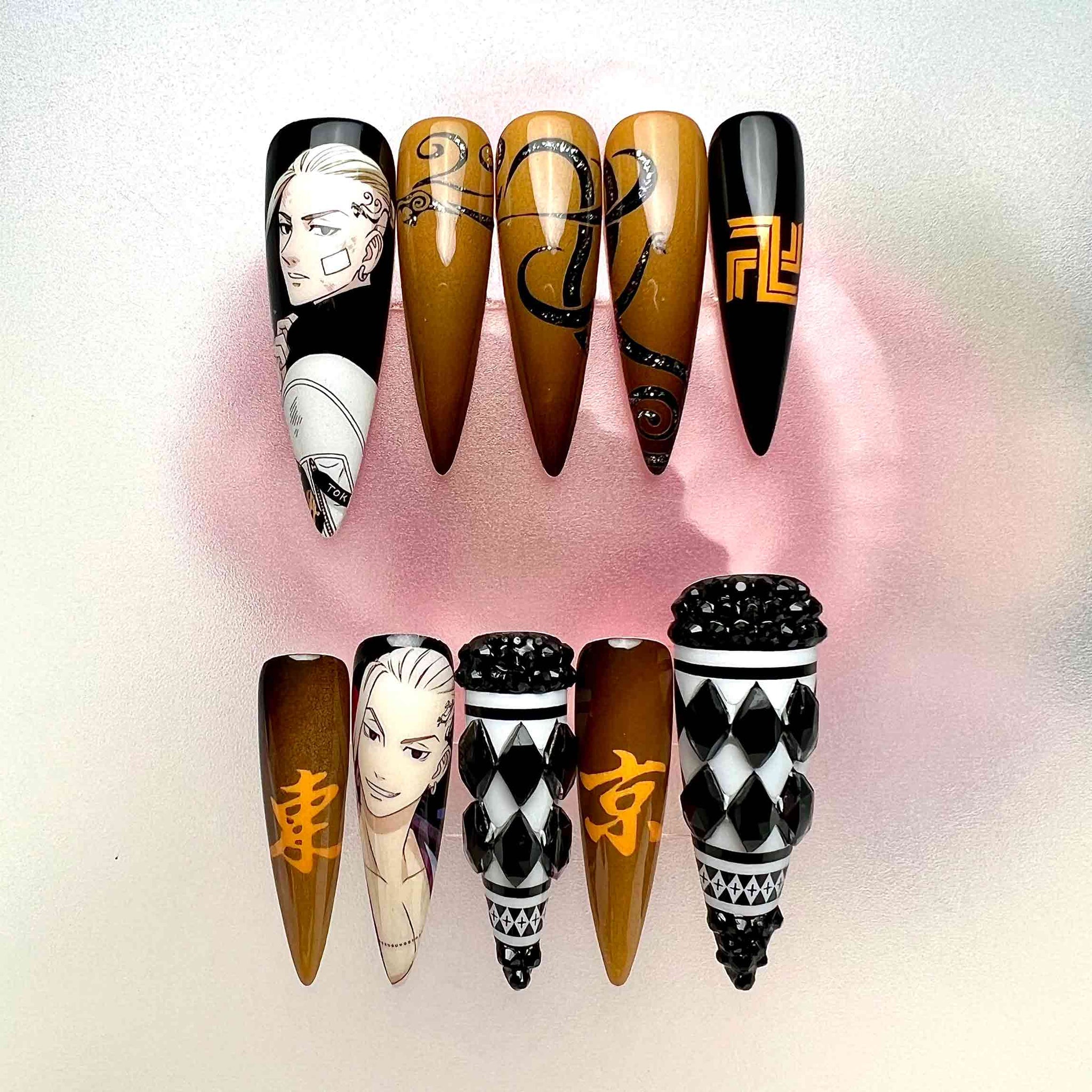 Draken Nails – Tokyo Revengers Press-On Set, 3D Gem &amp; Dragon Tattoo Anime Design | Dragonnail