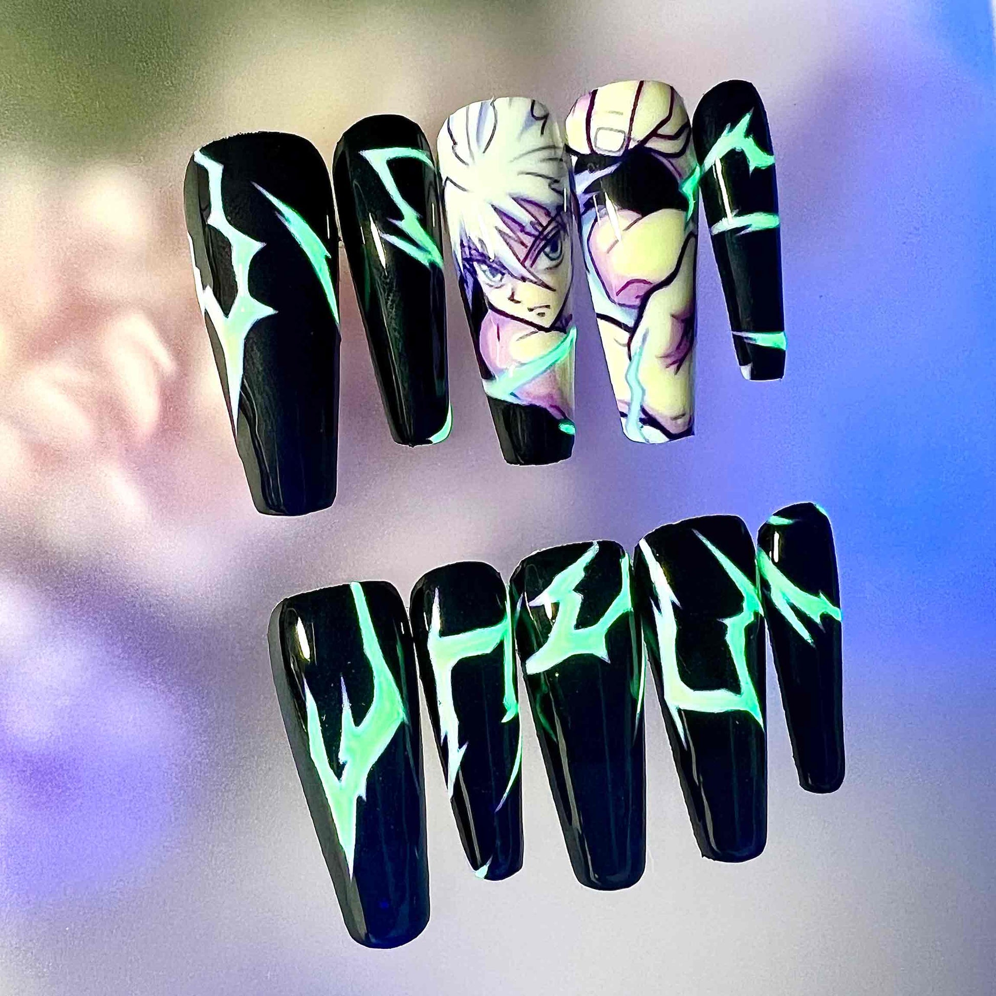 Killua Glow-in-the-Dark Lightning Nails – Neon Green Bolt Press-On Set, Abstract Electric Energy Design | Dragonnail