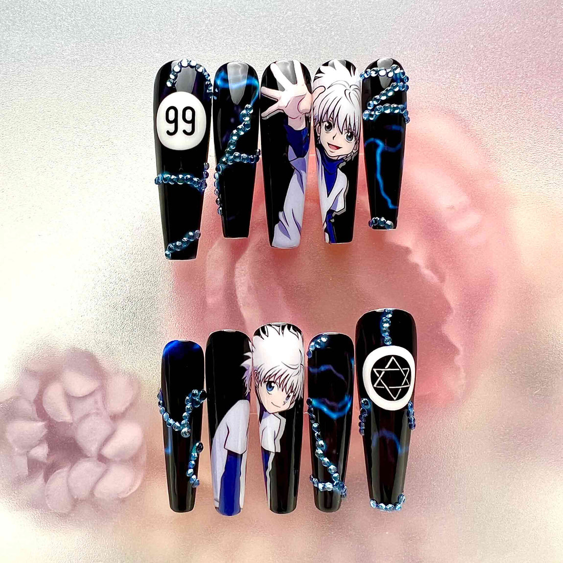 Killua Zoldyck Nails – Hunter x Hunter HxH Press-On Set, 3D Blue Gem &amp; Lightning Aura Anime Design | Dragonnail