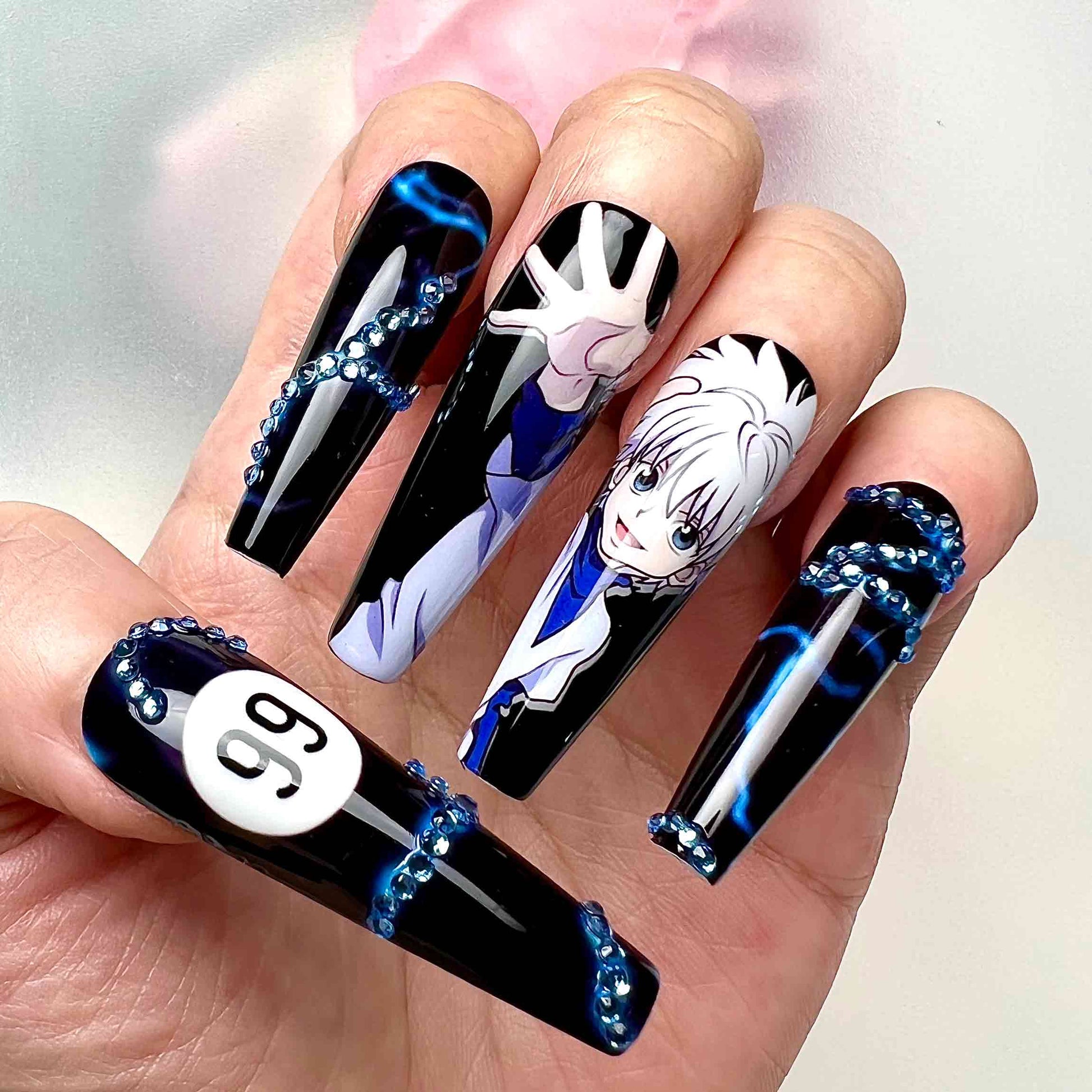 Killua Zoldyck Nails – Hunter x Hunter HxH Press-On Set, 3D Blue Gem &amp; Lightning Aura Anime Design | Dragonnail