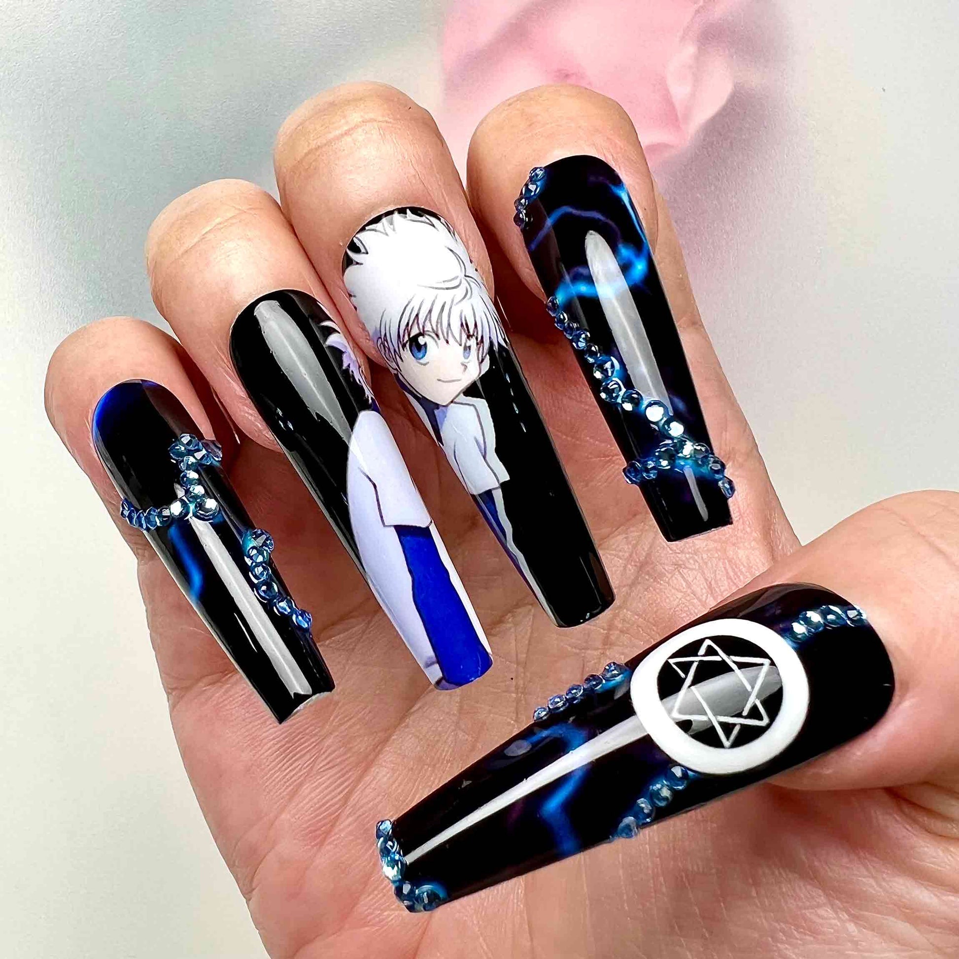 Killua Zoldyck Nails – Hunter x Hunter HxH Press-On Set, 3D Blue Gem &amp; Lightning Aura Anime Design | Dragonnail
