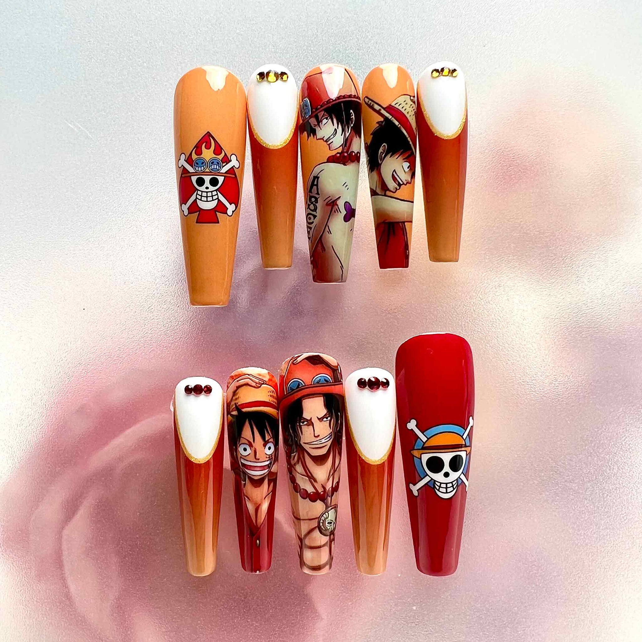 Luffy &amp; Ace Nails – One Piece Press-On Nail Set, Brotherhood Edition | Dragonnail