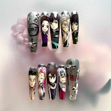 Demon Slayer KNY All Hashira Press-On Nails | 9 Pillars Ultimate Anime Set | Chrome Katana Hilt &amp; 3D Charms | Dragonnail