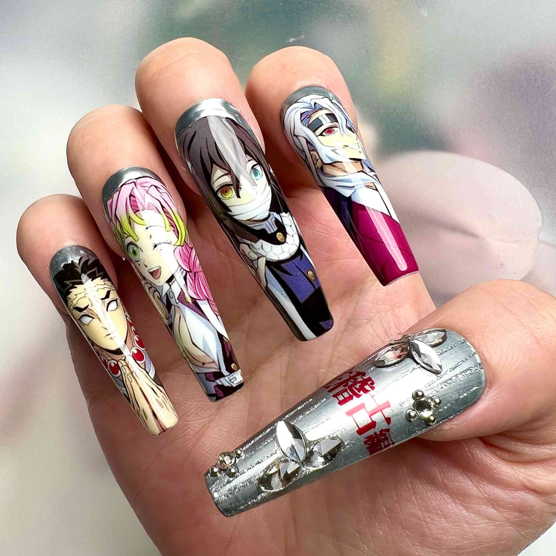 Demon Slayer KNY All Hashira Press-On Nails | 9 Pillars Ultimate Anime Set | Chrome Katana Hilt &amp; 3D Charms | Dragonnail