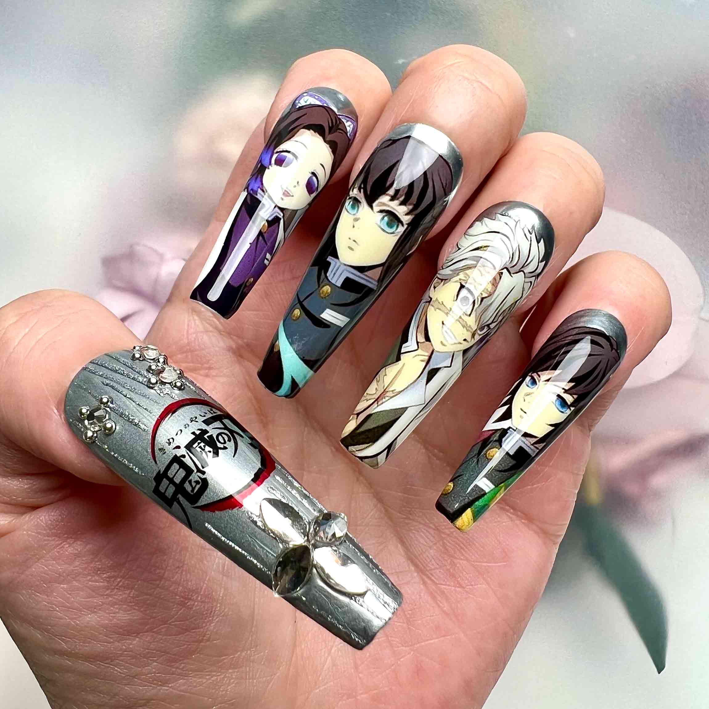 Demon Slayer KNY All Hashira Press-On Nails | 9 Pillars Ultimate Anime Set | Chrome Katana Hilt &amp; 3D Charms | Dragonnail