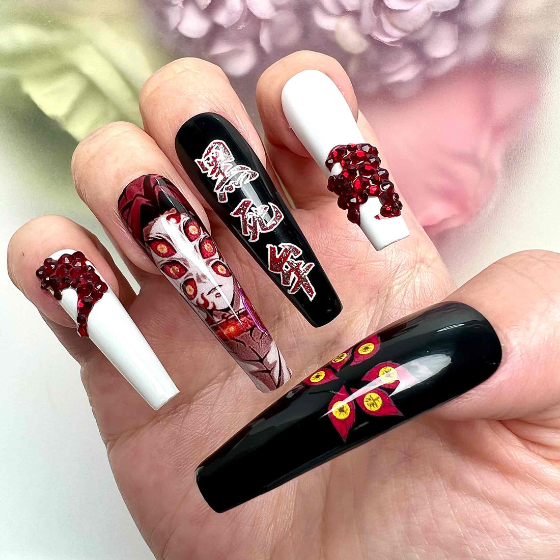 Kokushibo Nails – Demon Slayer KNY Press-On Set, 3D Red Crystal &amp; Six Eyes Upper Moon 1 Design | Dragonnail