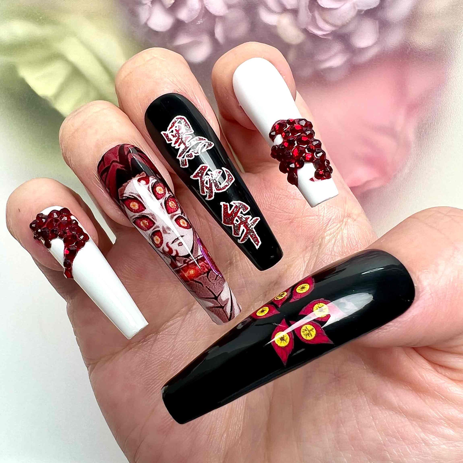 Kokushibo Nails – Demon Slayer KNY Press-On Set, 3D Red Crystal &amp; Six Eyes Upper Moon 1 Design | Dragonnail